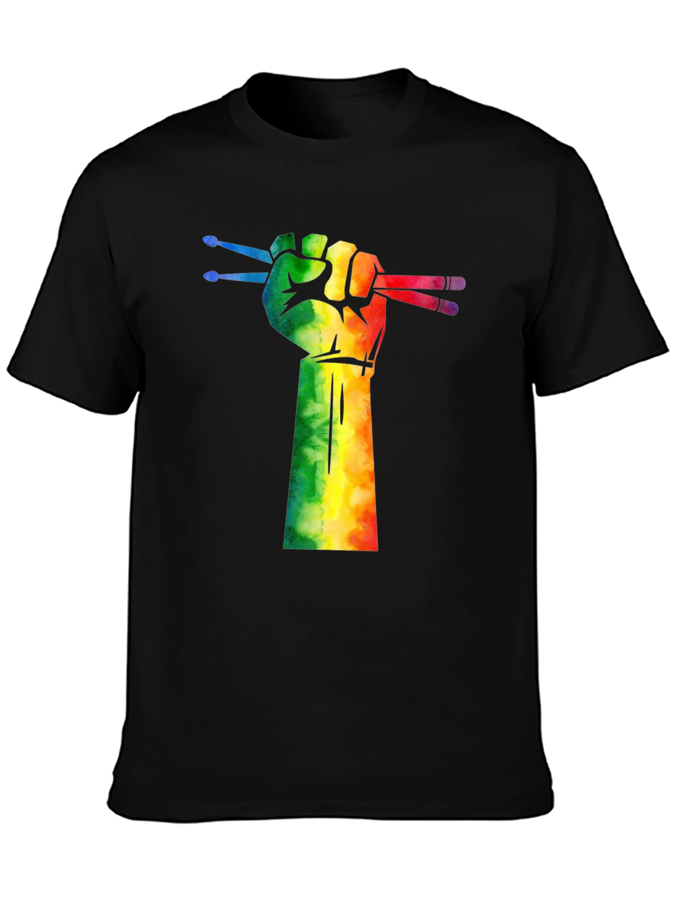 Drummer Pride T-Shirt: Rainbow Fist Drumsticks Graphic