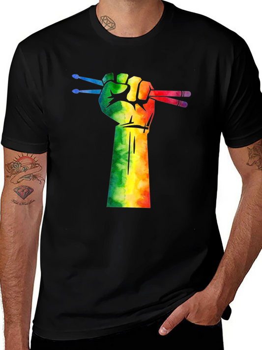 Drummer Pride T-Shirt: Rainbow Fist Drumsticks Graphic