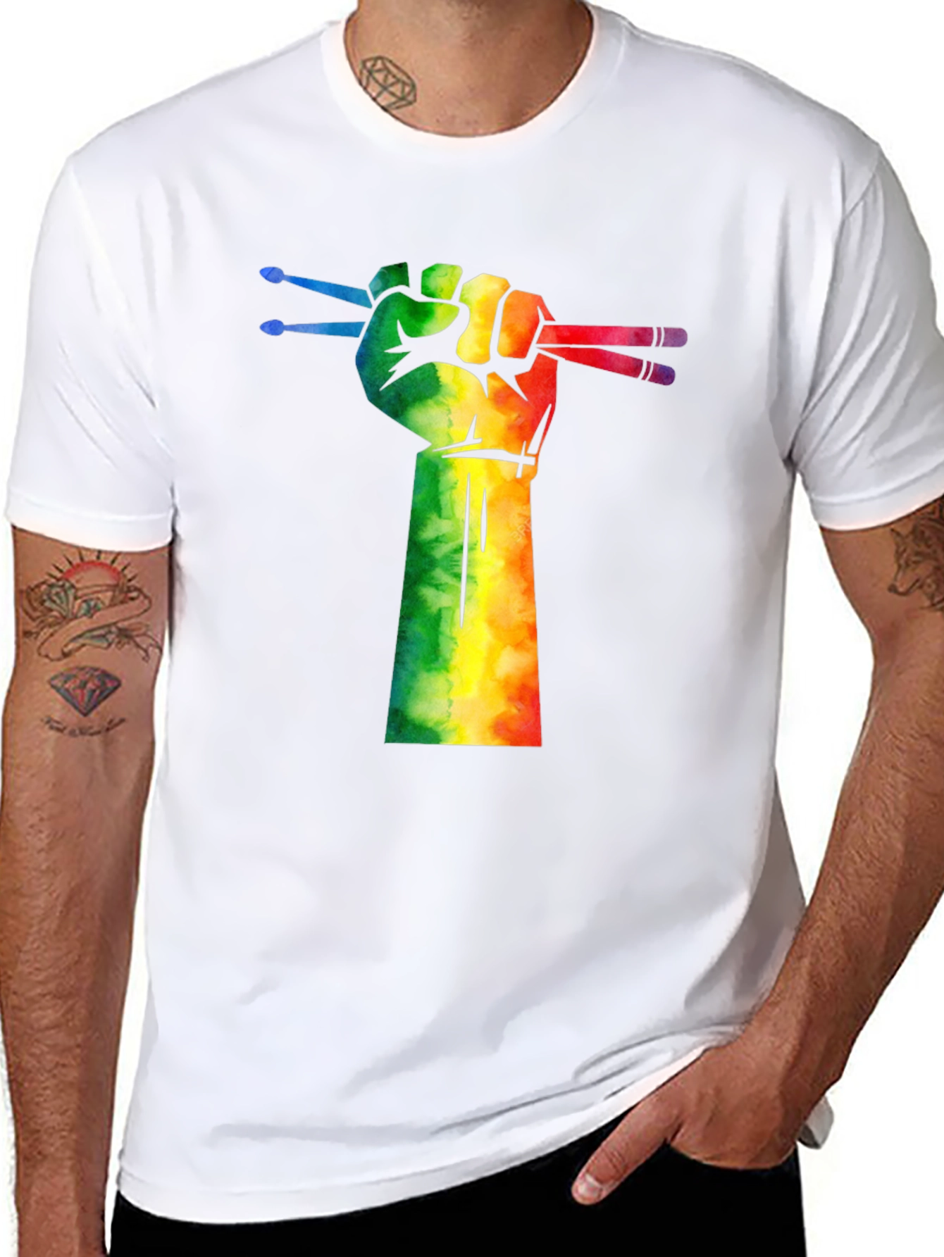 Drummer Pride T-Shirt: Rainbow Fist Drumsticks Graphic