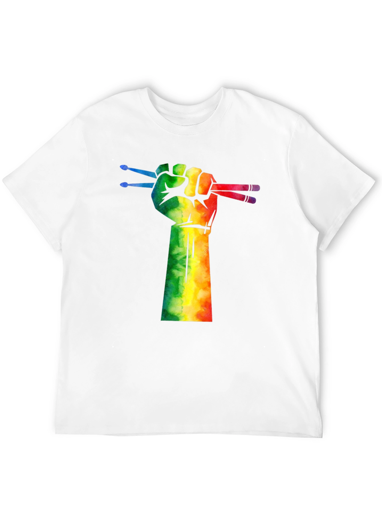 Drummer Pride T-Shirt: Rainbow Fist Drumsticks Graphic