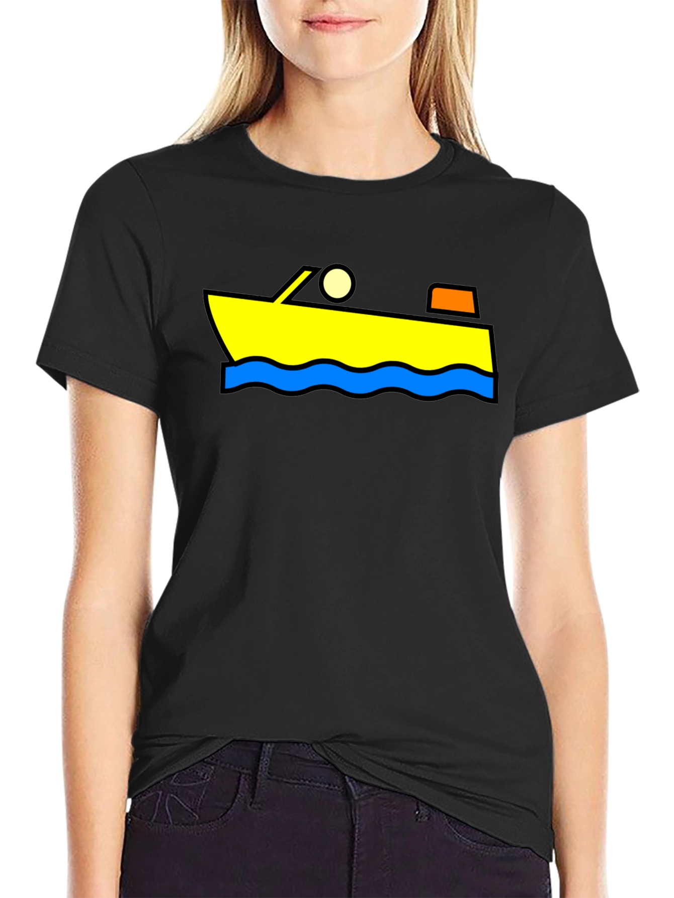 Cartoon Boat Graphic Tee - Black Cotton T-Shirt