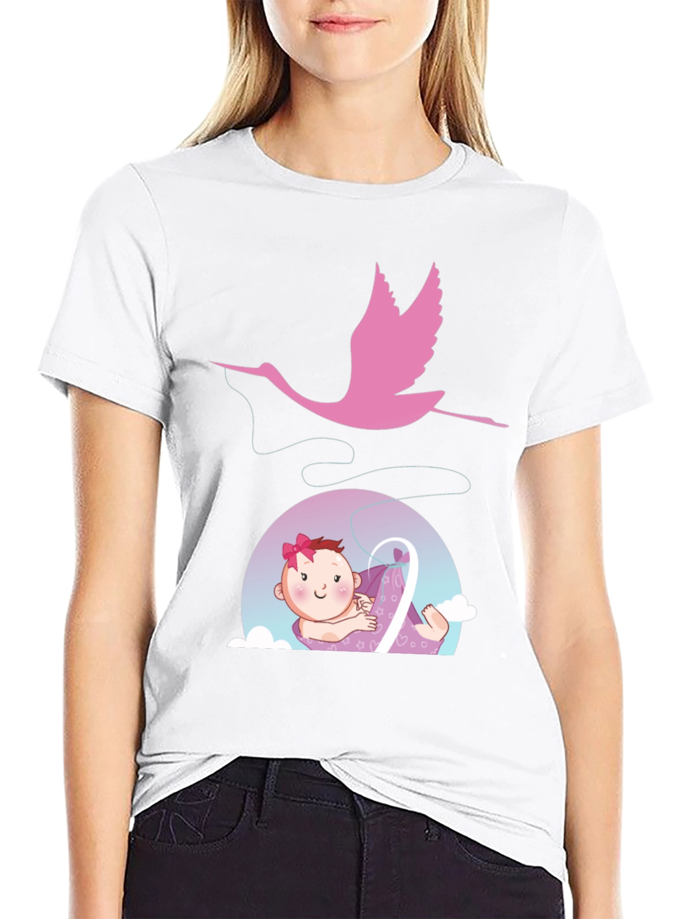 Cute Stork Delivering Baby T-Shirt - Black