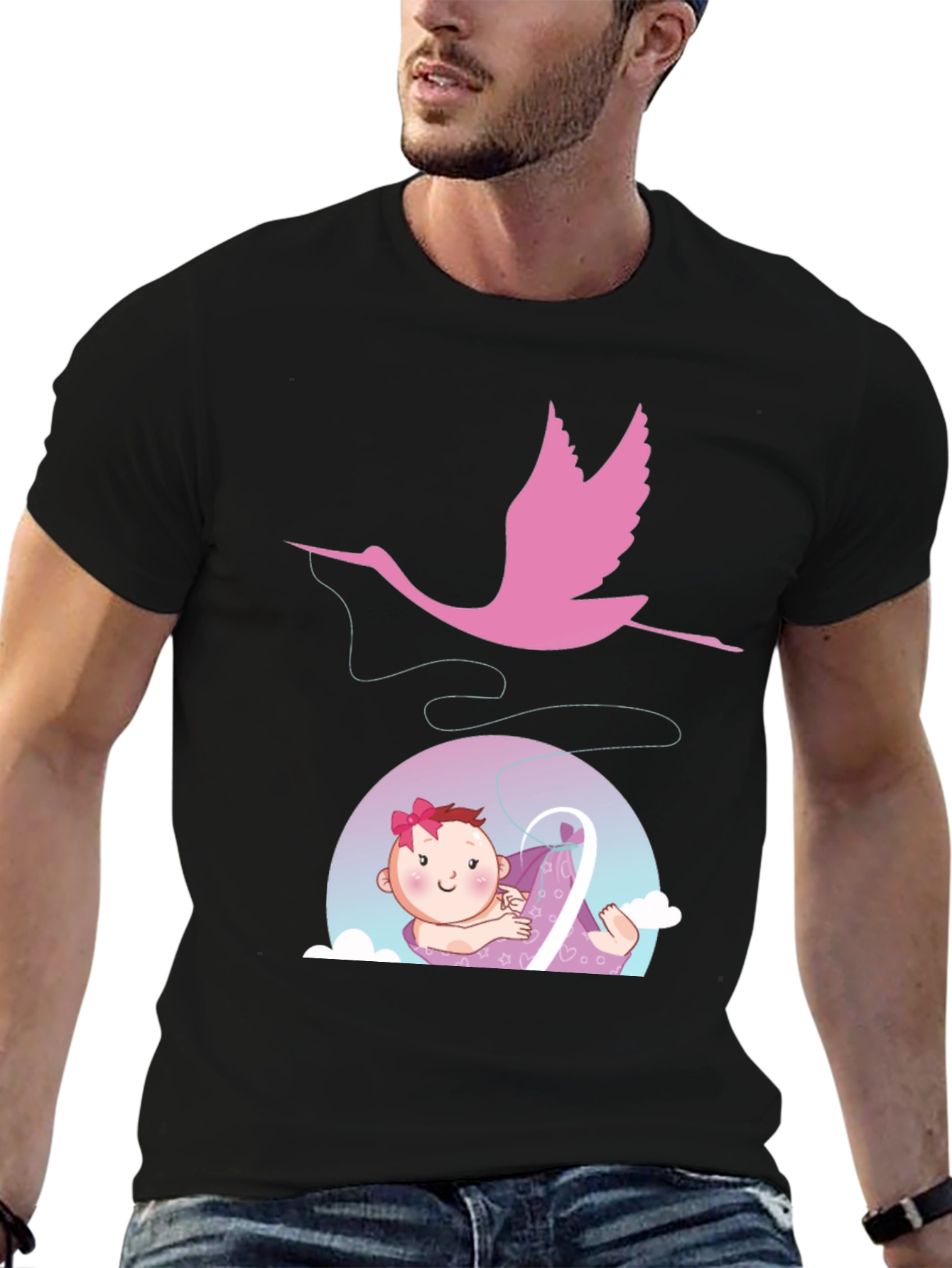 Cute Stork Delivering Baby T-Shirt - Black