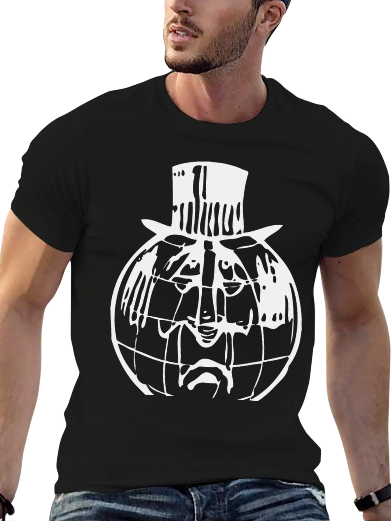 Black T-Shirt with Globe Head Design