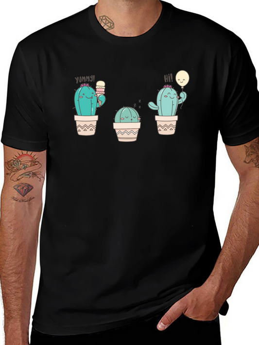 Cute Cactus Graphic Tee - Black Cotton T-Shirt