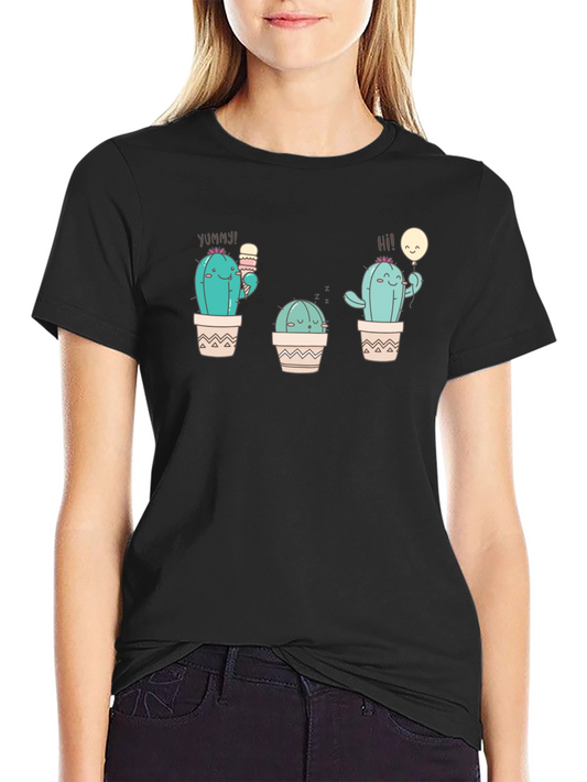 Cute Cactus Graphic Tee - Black Cotton T-Shirt