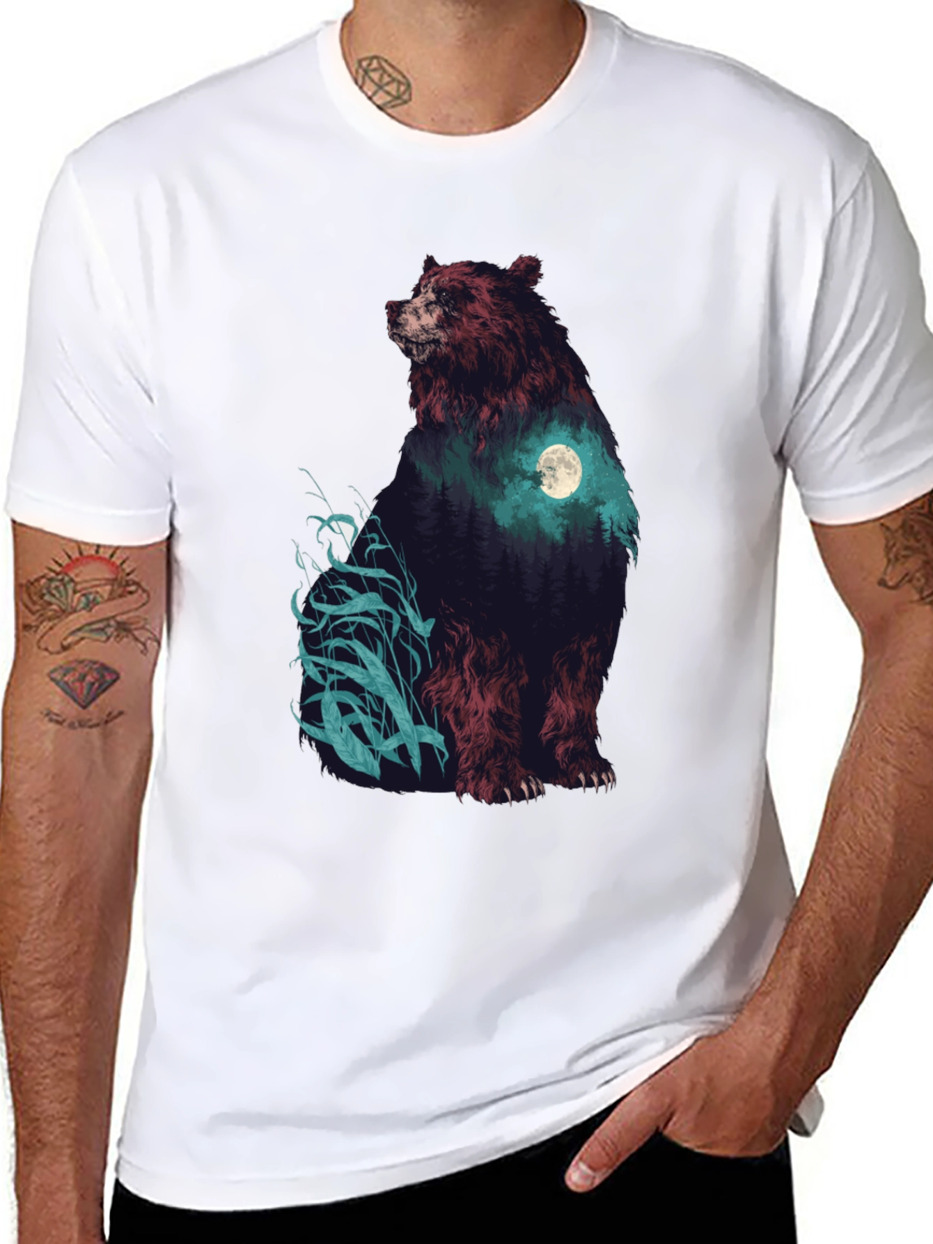 Bear Forest Moon Graphic T-Shirt