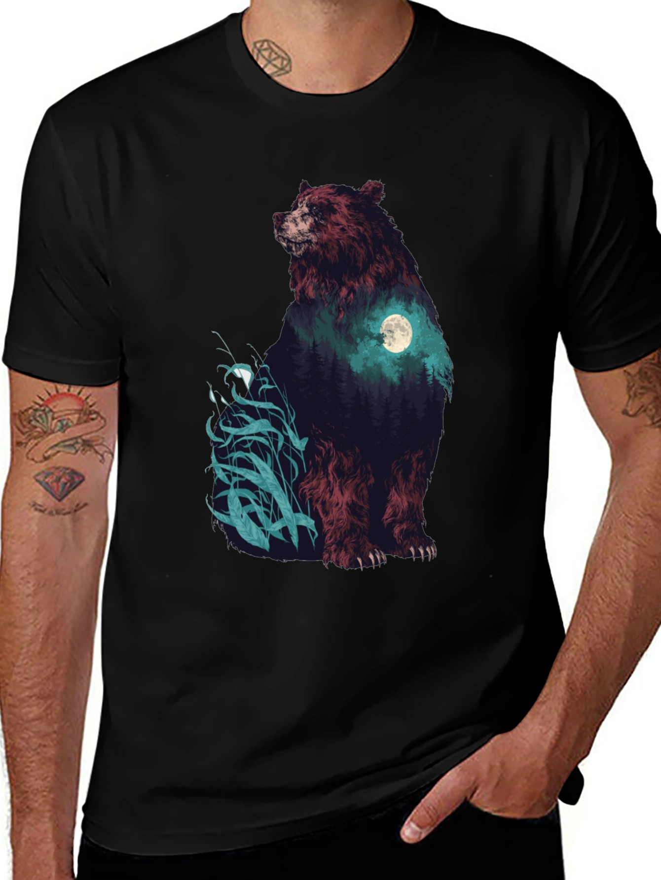 Bear Forest Moon Graphic T-Shirt