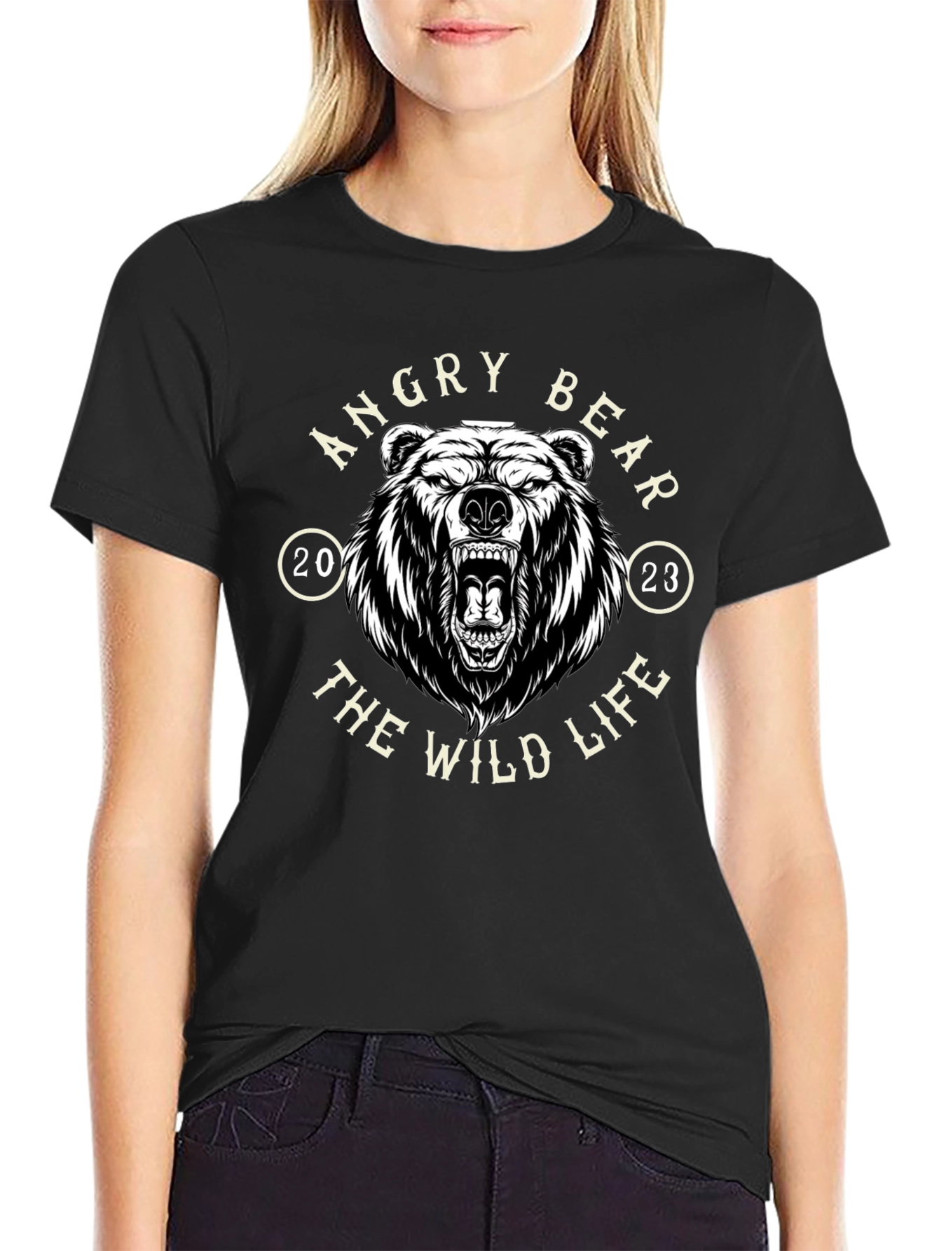 Angry Bear Wild Life Black Graphic T-Shirt