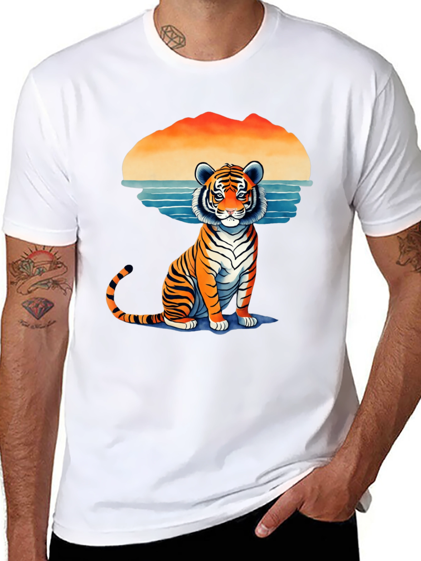 Tiger Graphic Tee - Retro Sunset Design
