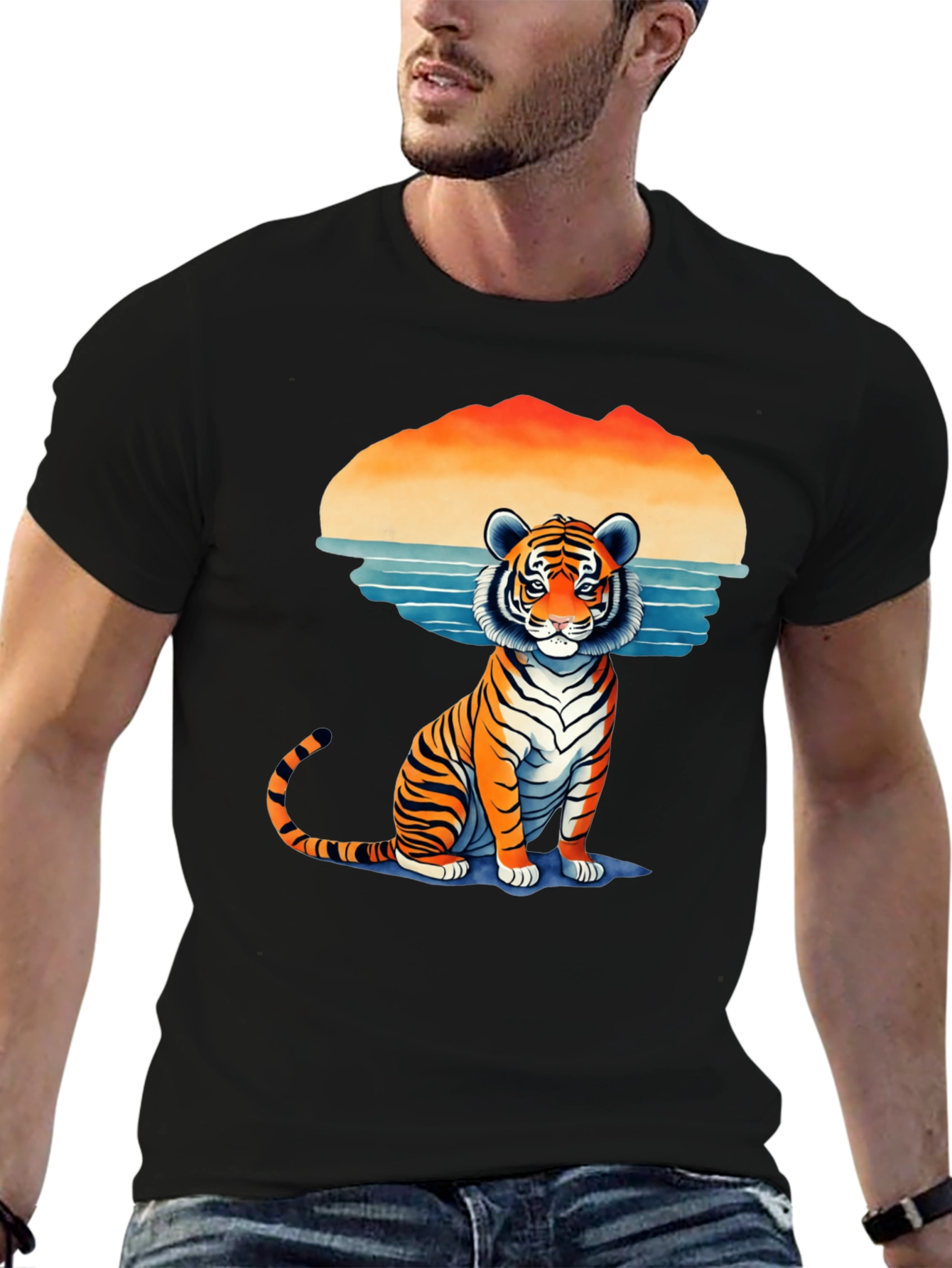 Tiger Graphic Tee - Retro Sunset Design