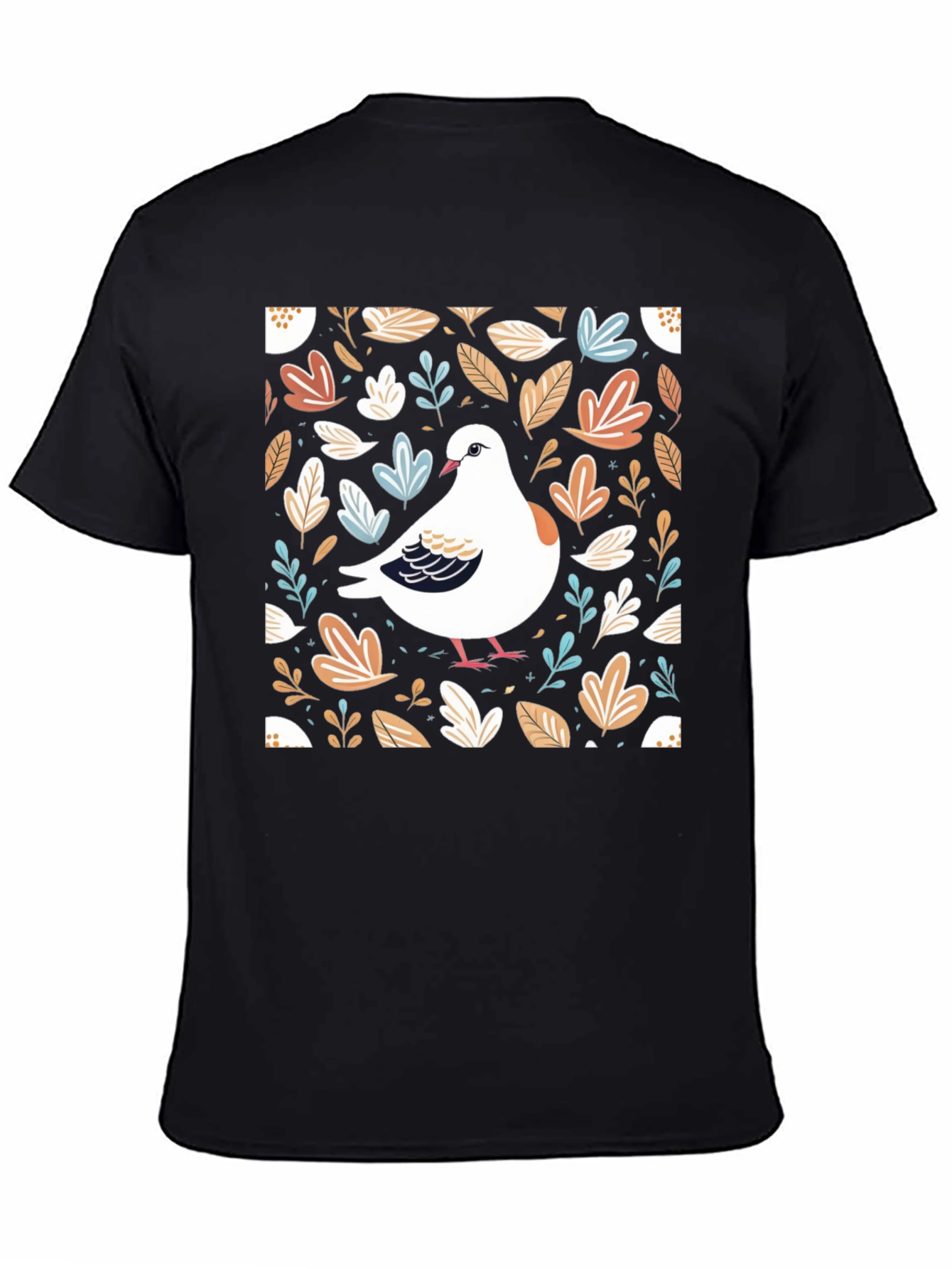 Dove and Foliage Print Black T-Shirt