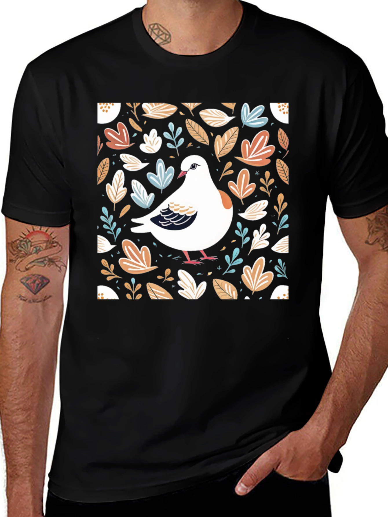 Dove and Foliage Print Black T-Shirt
