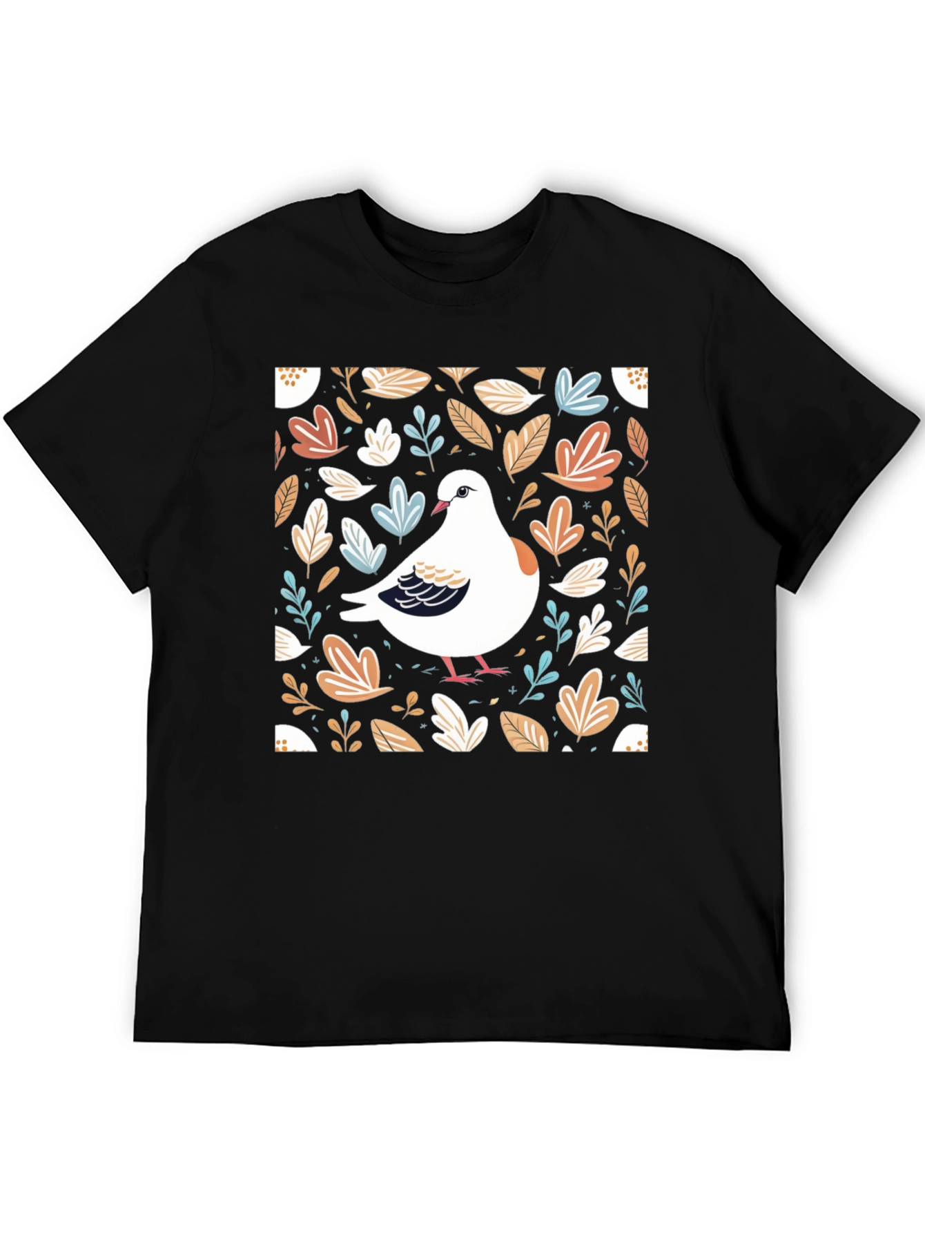 Dove and Foliage Print Black T-Shirt