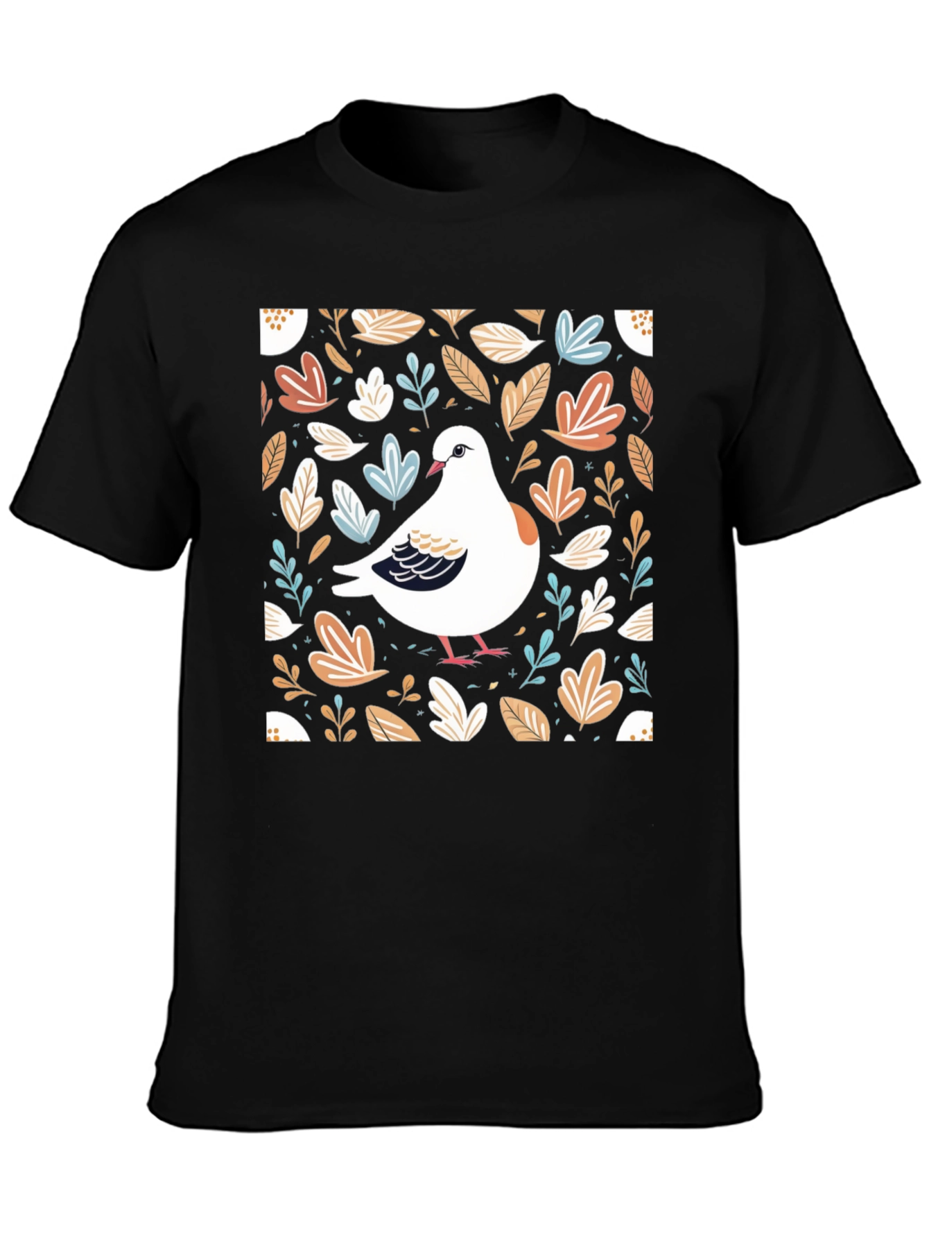 Dove and Foliage Print Black T-Shirt