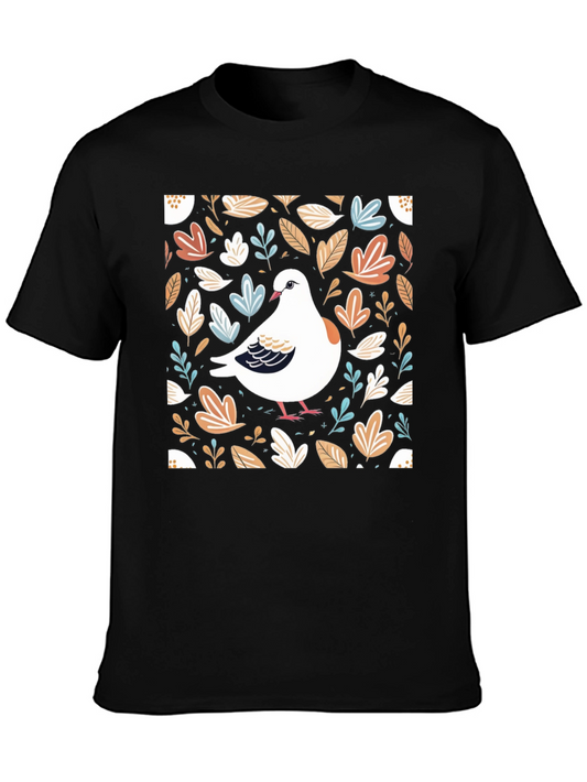 Dove and Foliage Print Black T-Shirt