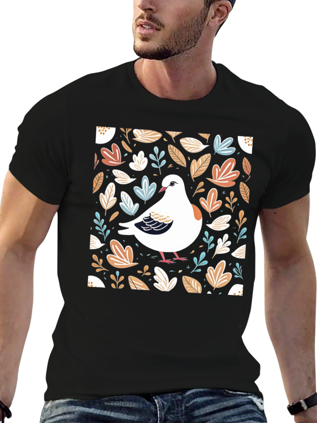 Dove and Foliage Print Black T-Shirt