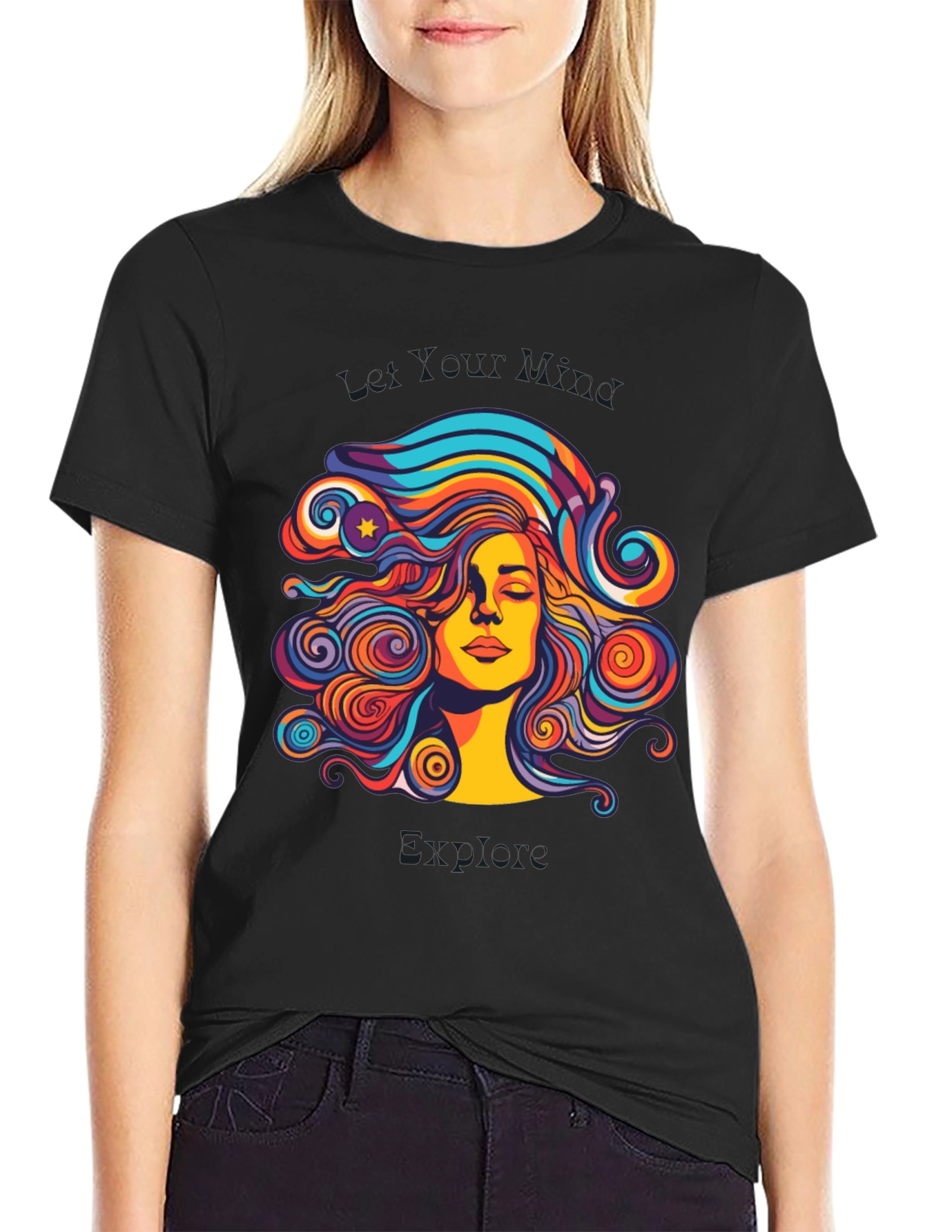 Psychedelic Woman Graphic Black T-Shirt