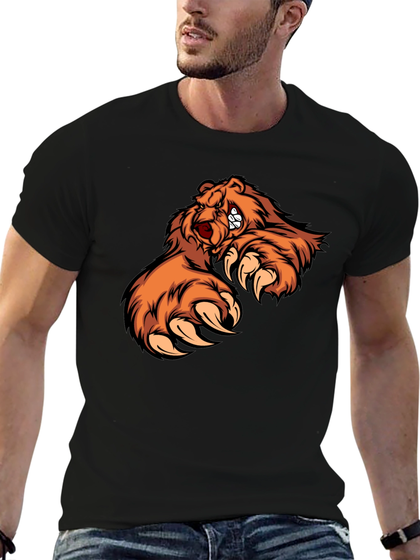 Mens Black T-Shirt with Fierce Bear Design