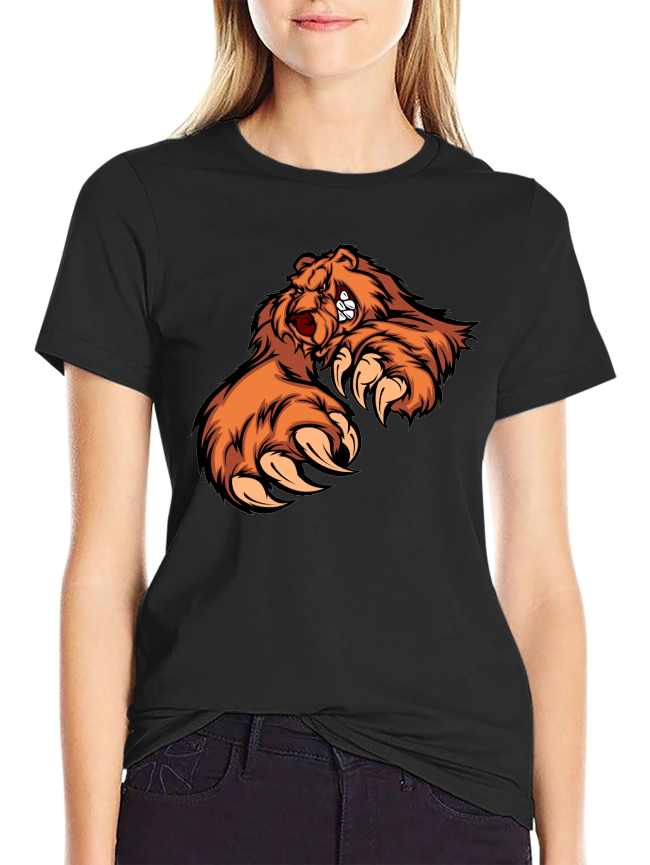 Mens Black T-Shirt with Fierce Bear Design