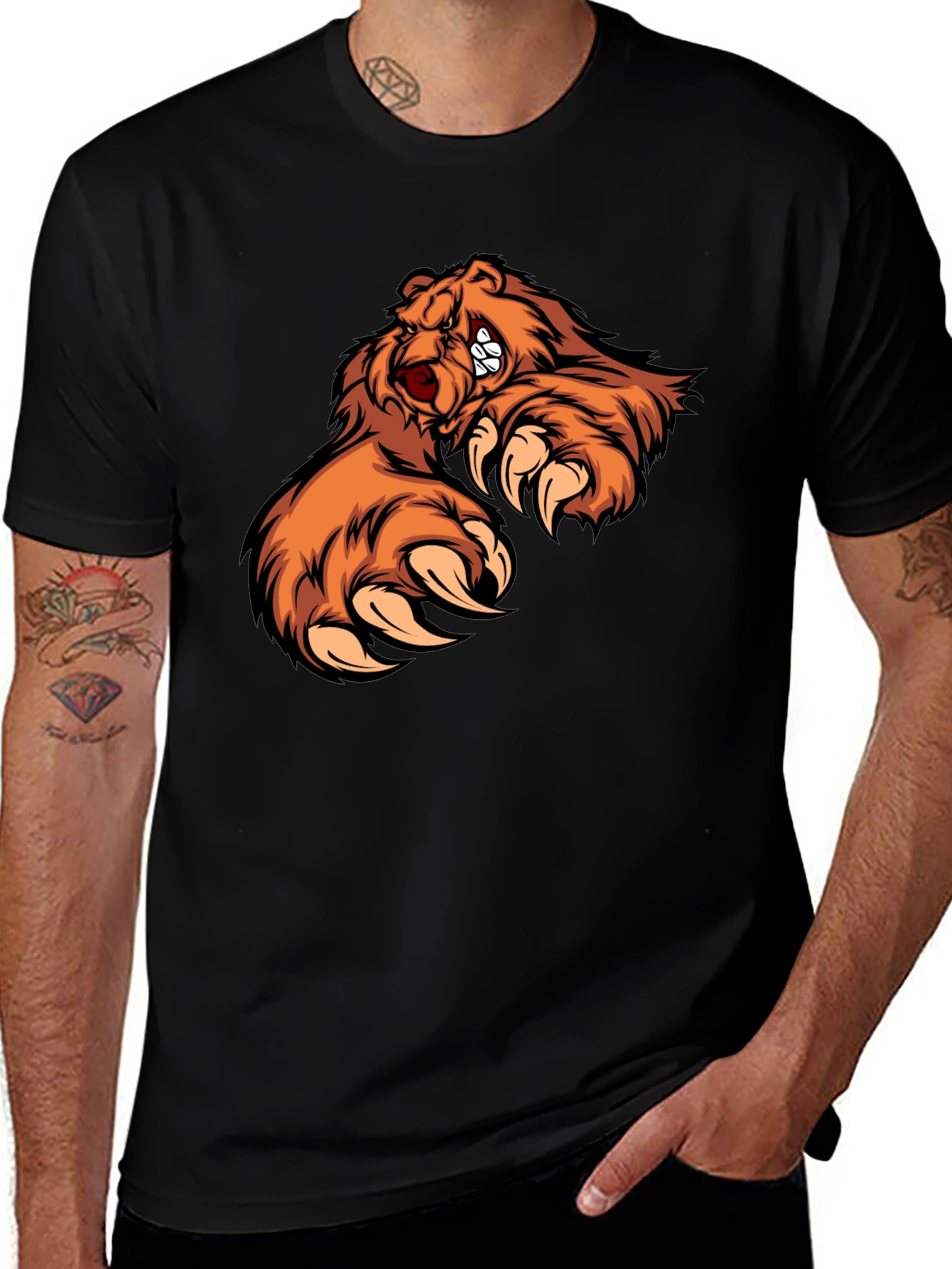 Mens Black T-Shirt with Fierce Bear Design