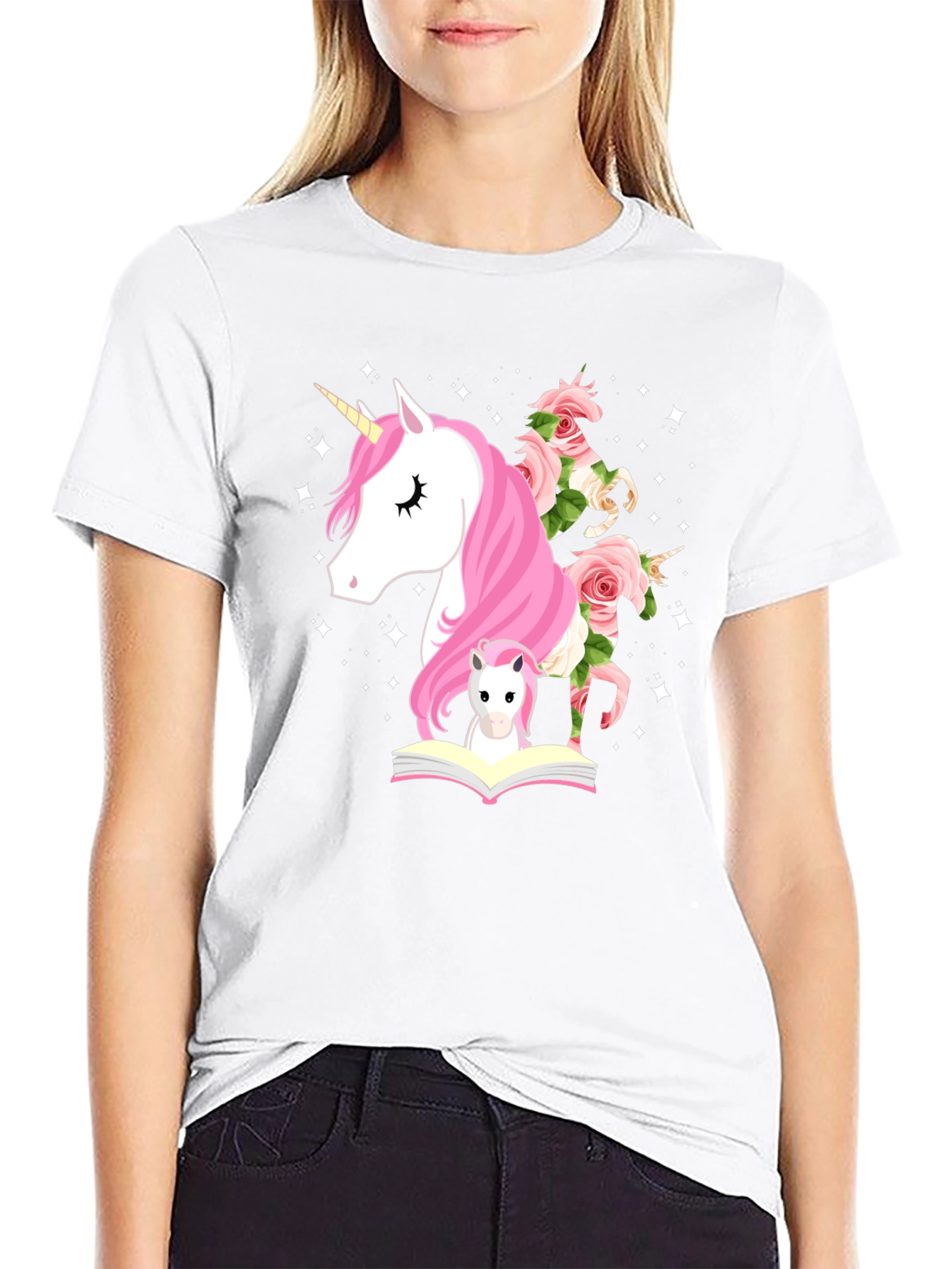 Unicorn & Flowers Graphic Black Tee