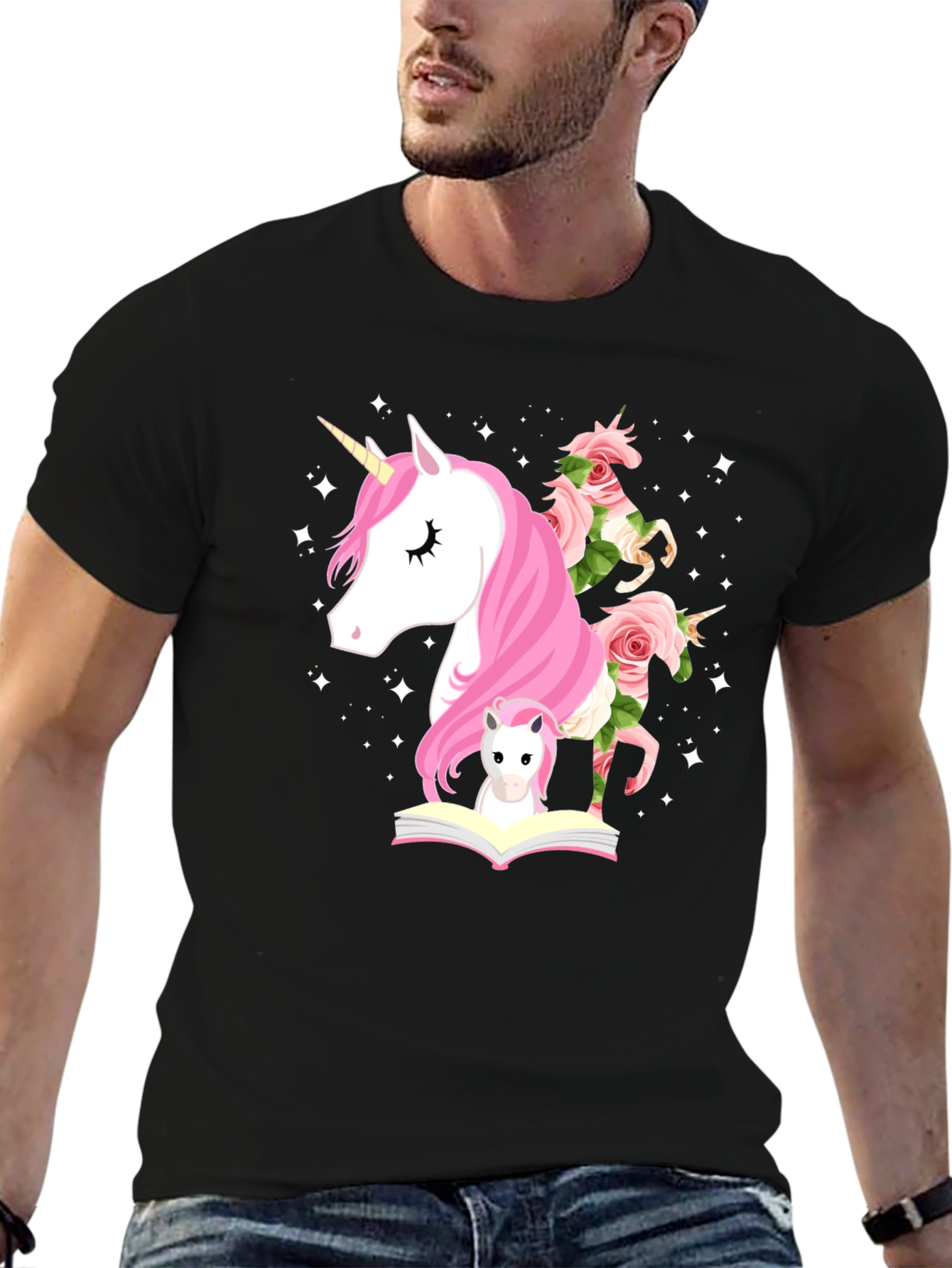 Unicorn & Flowers Graphic Black Tee