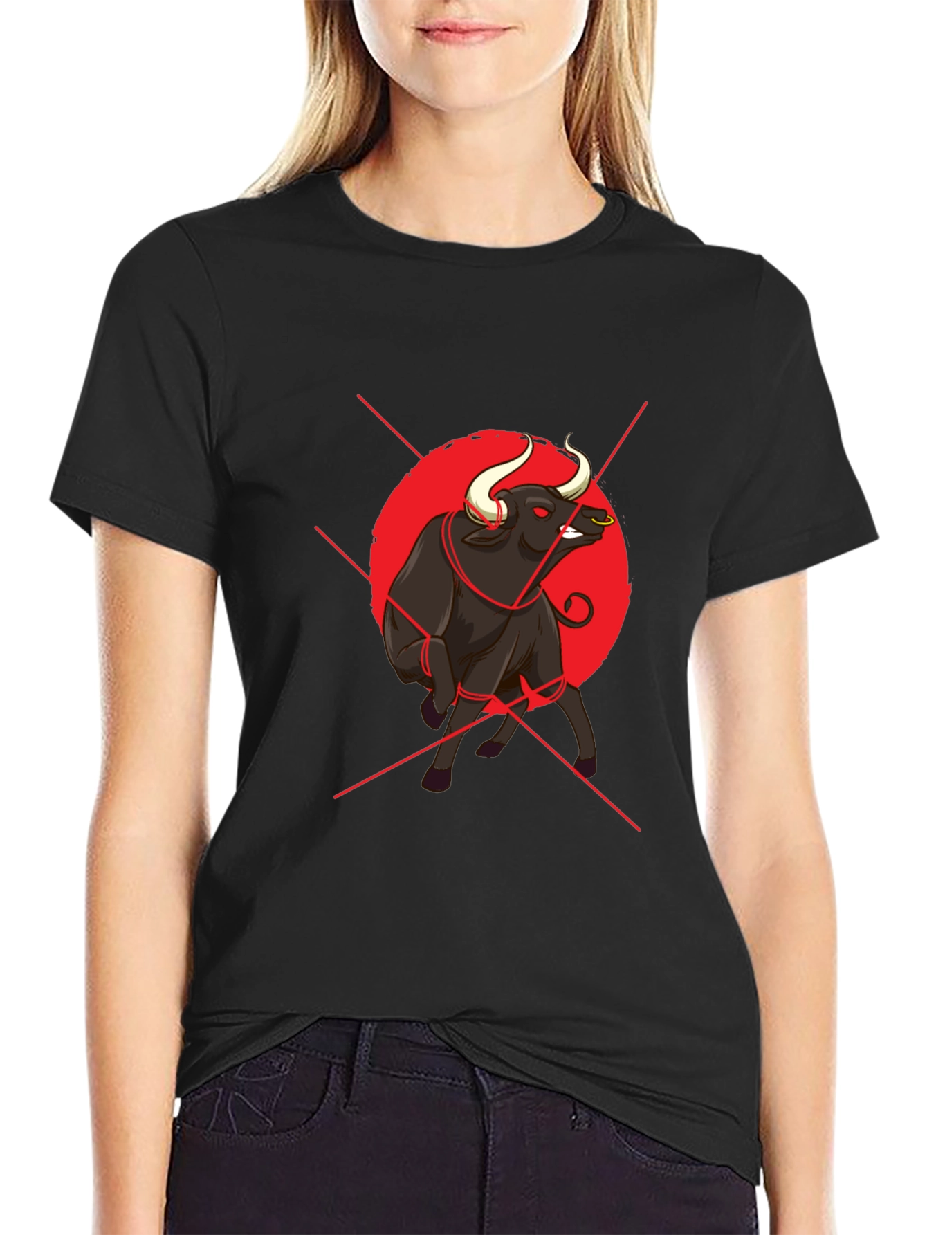 Bull Graphic Print Black T-Shirt