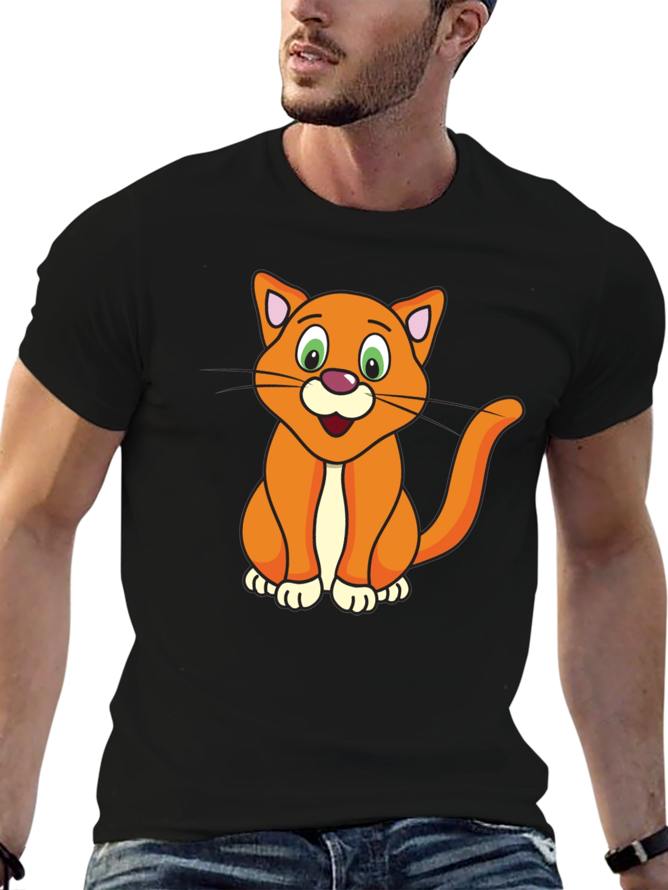 Cartoon Cat Graphic Black T-Shirt