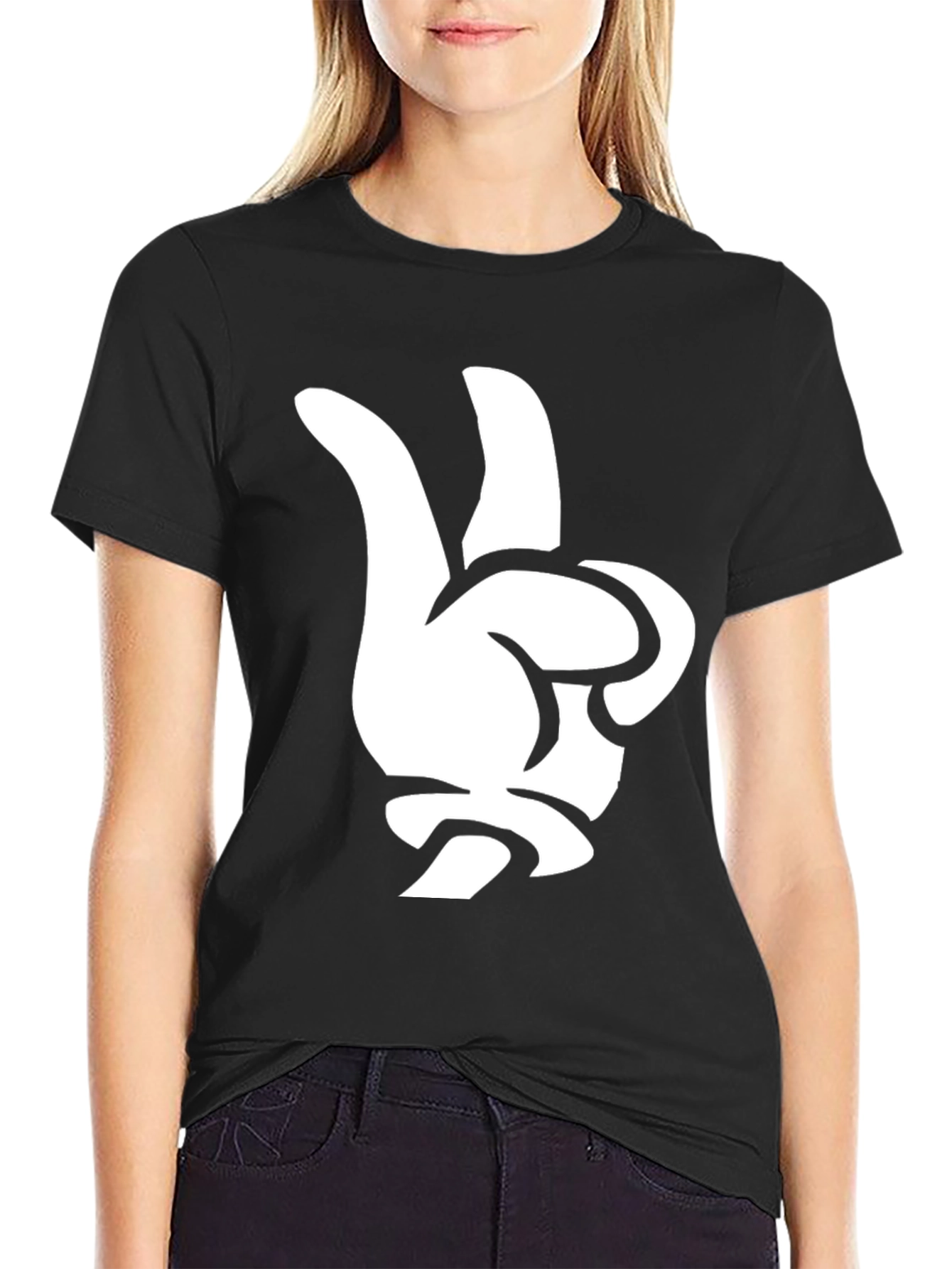 Peace Sign Hand Graphic Tee - Black Cotton T-Shirt