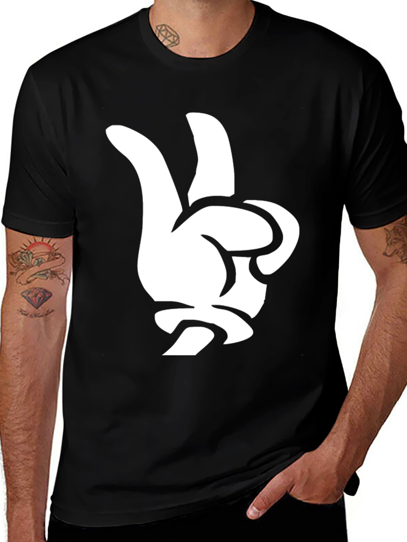 Peace Sign Hand Graphic Tee - Black Cotton T-Shirt