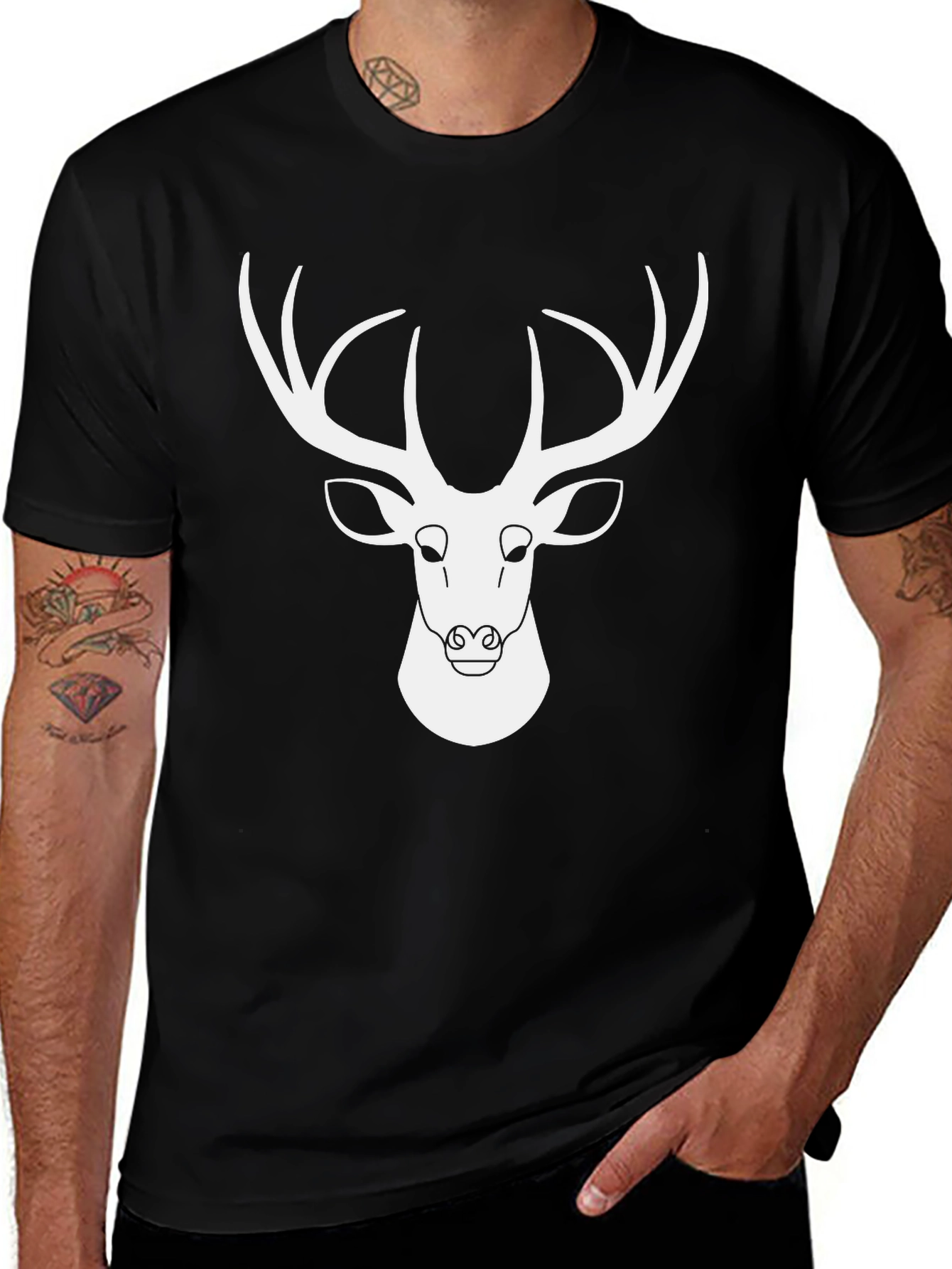 Deer Graphic Tee - Black Cotton Blend Casual Shirt