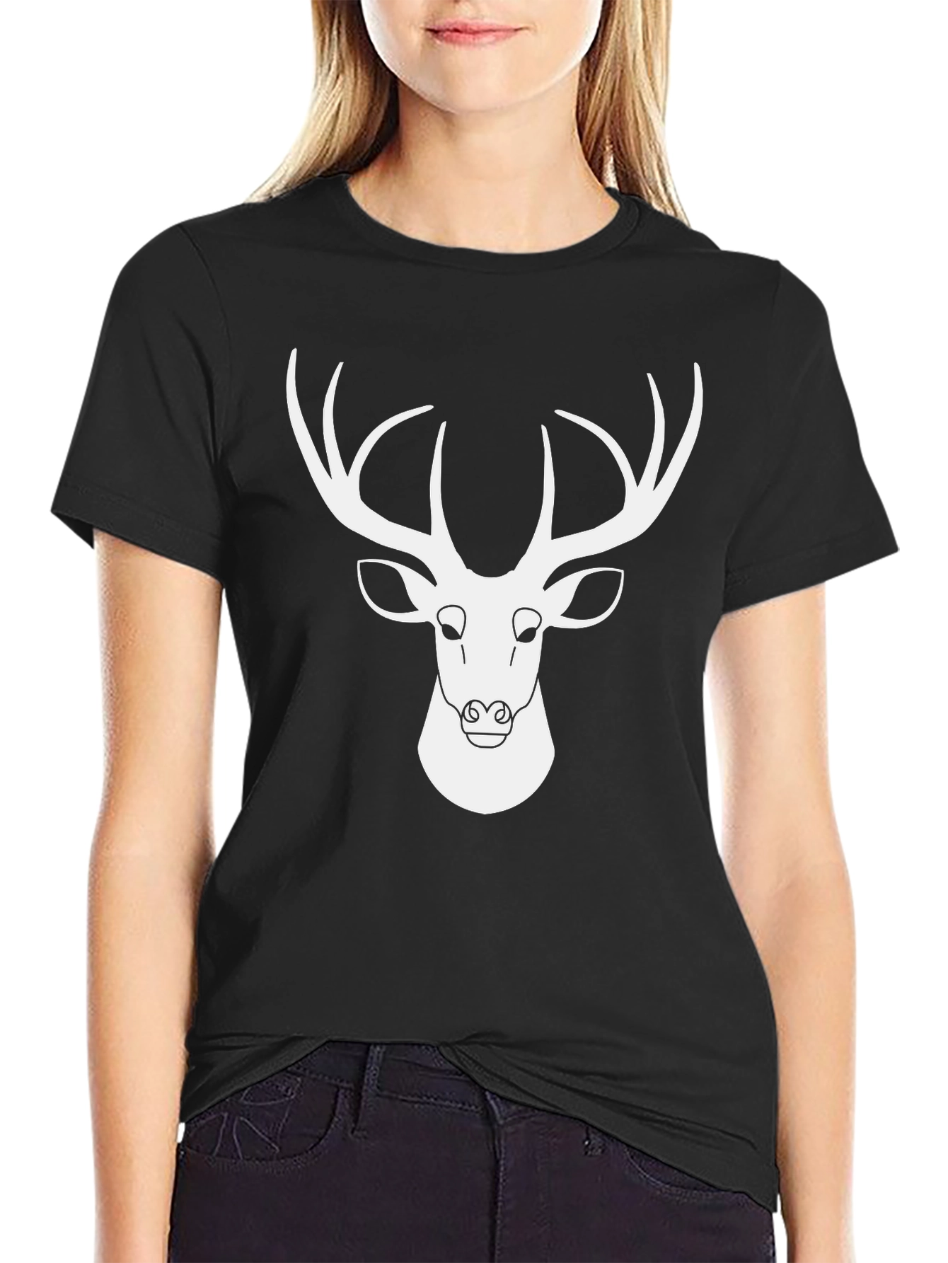 Deer Graphic Tee - Black Cotton Blend Casual Shirt