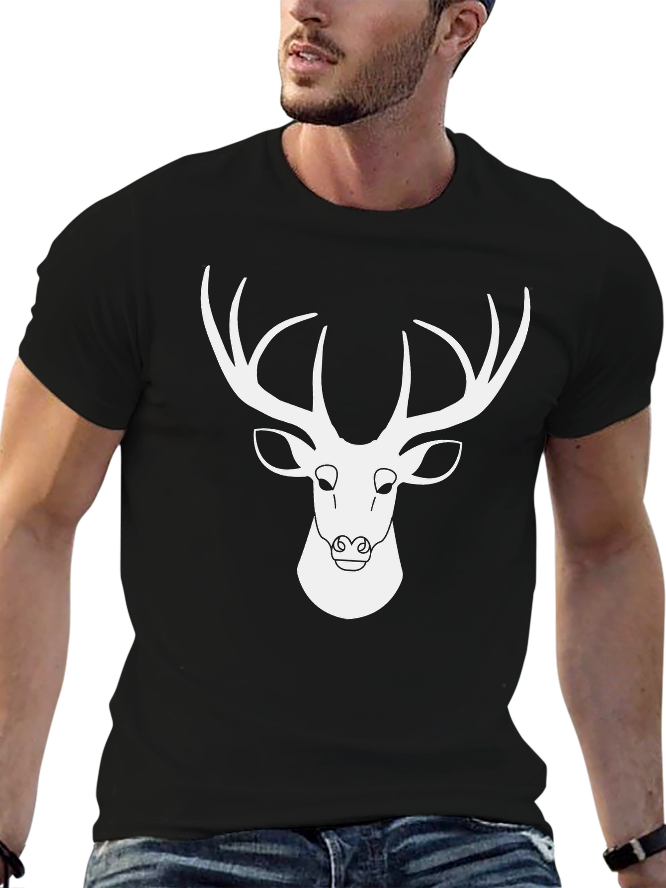 Deer Graphic Tee - Black Cotton Blend Casual Shirt