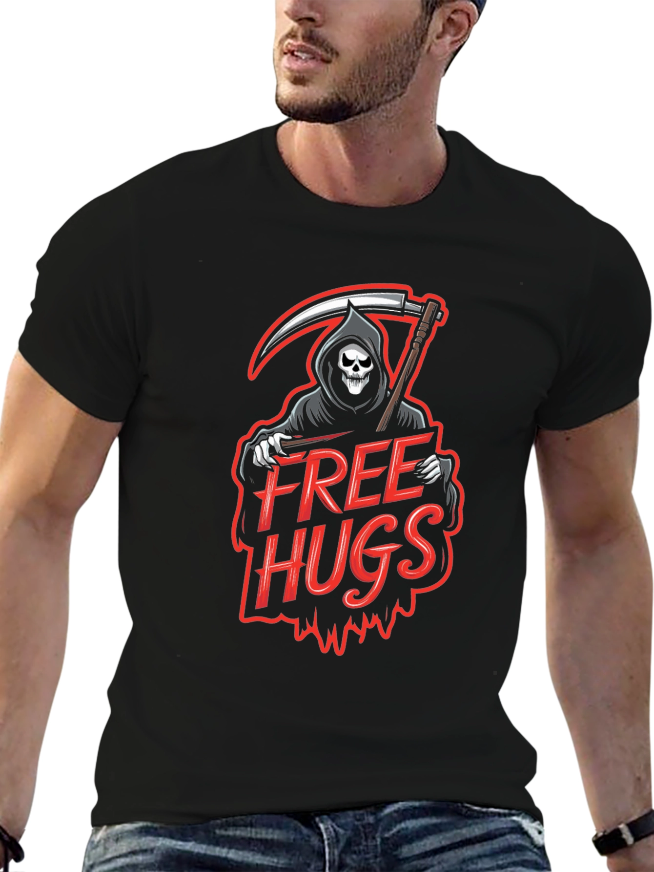 Free Hugs Grim Reaper Graphic T-Shirt