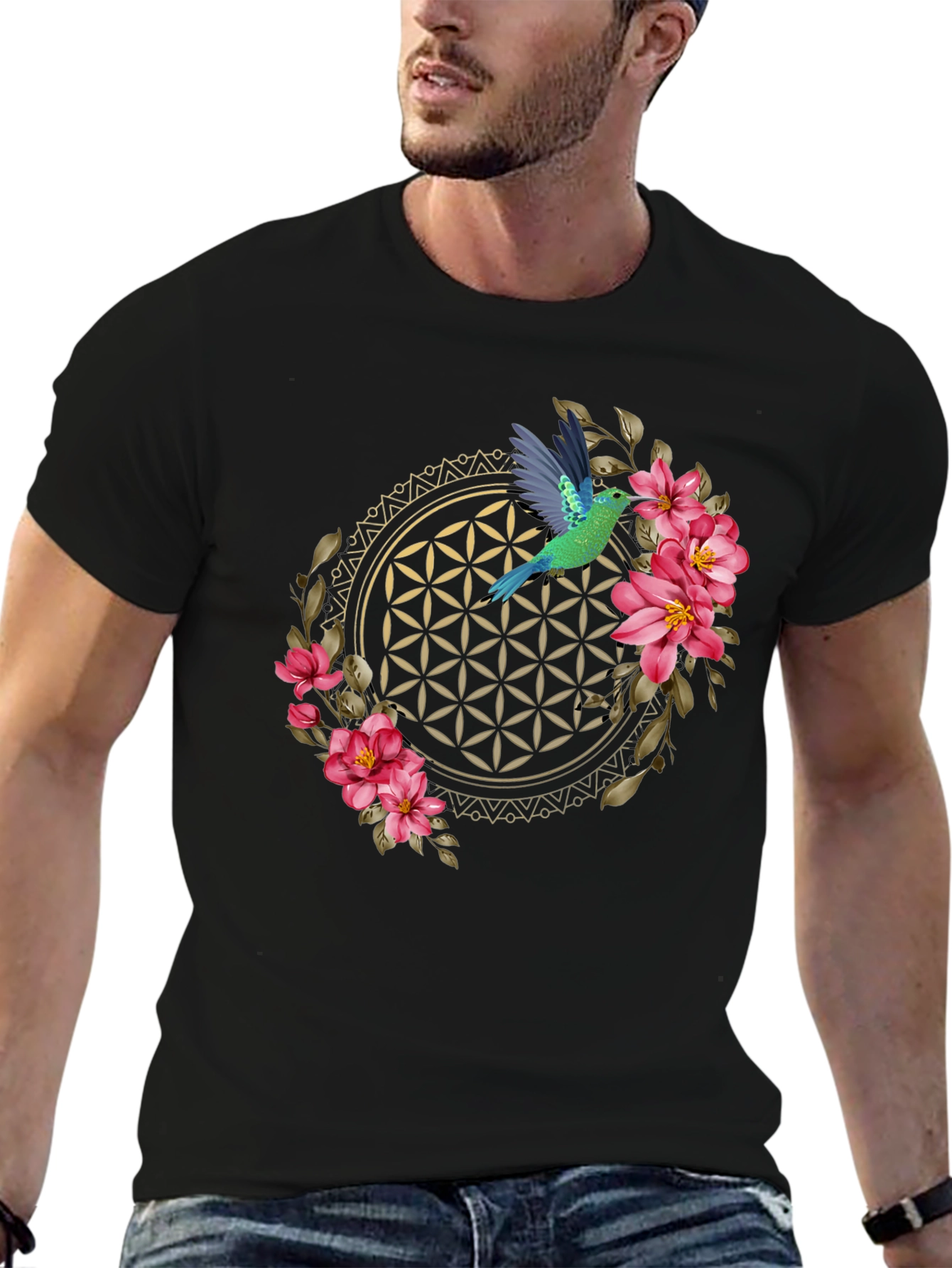 Floral Hummingbird Graphic Tee - Black