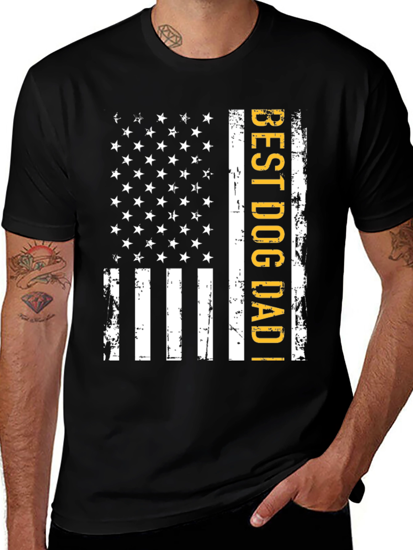 Best Dog Dad American Flag Graphic Tee - Black
