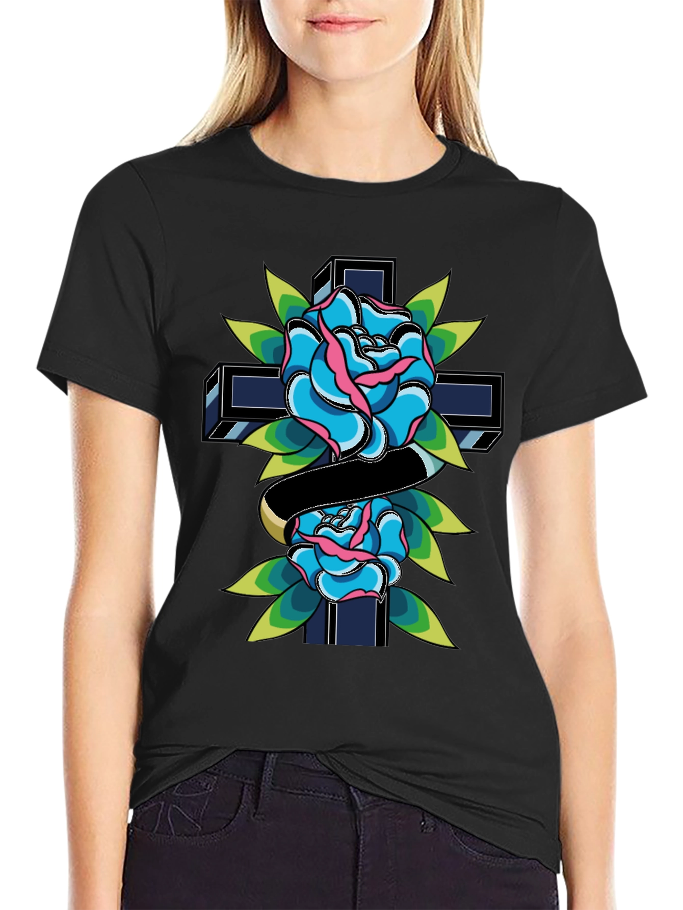 Rose & Cross Graphic Tee - Classic Tattoo Style