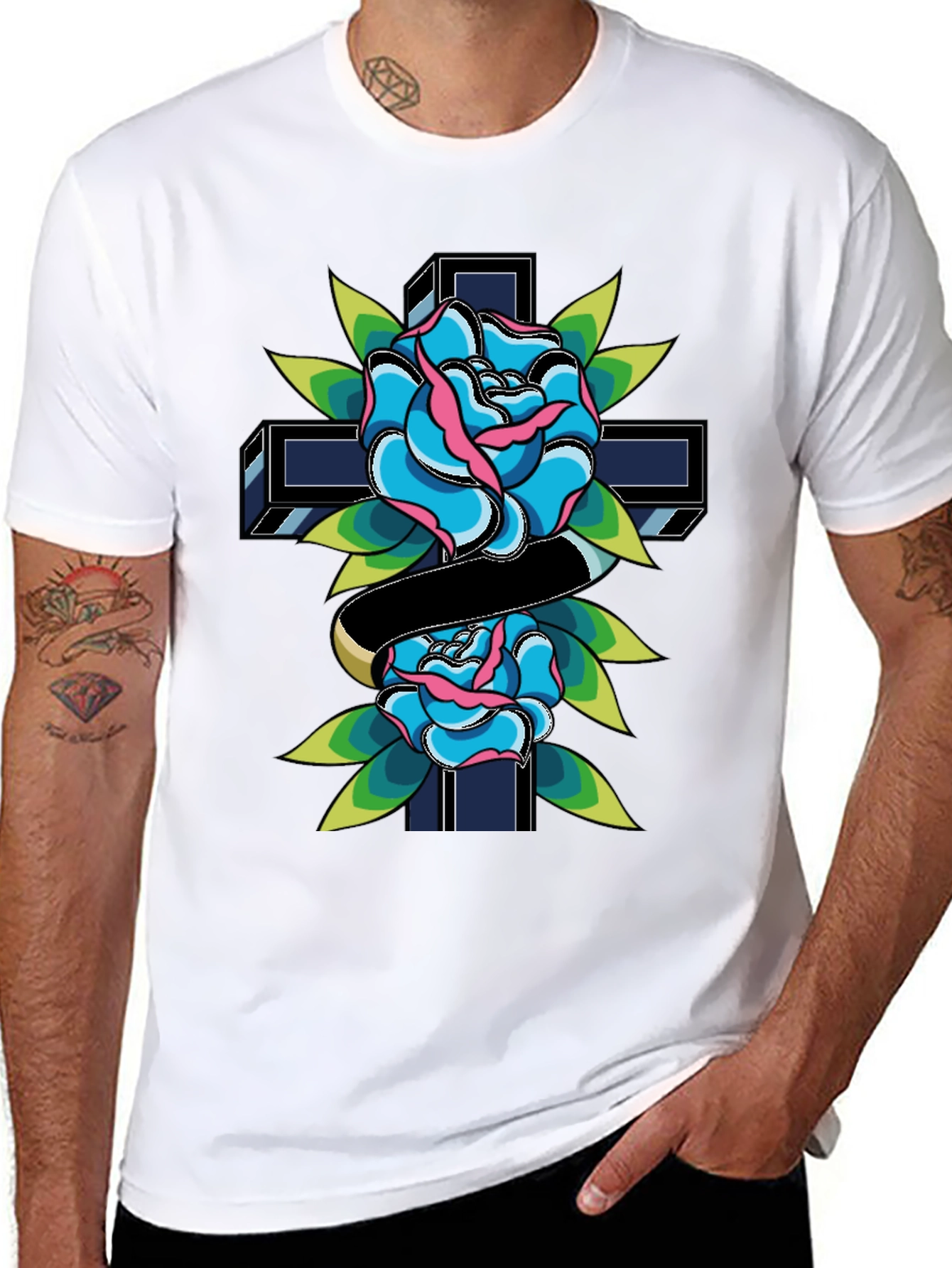 Rose & Cross Graphic Tee - Classic Tattoo Style