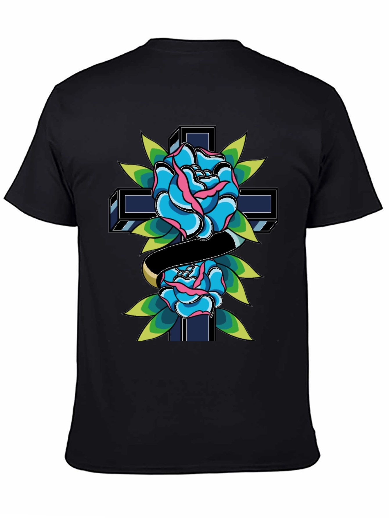 Rose & Cross Graphic Tee - Classic Tattoo Style