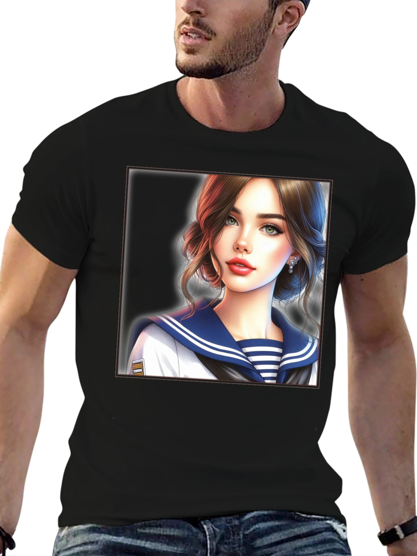 Anime Girl Sailor Outfit Black T-Shirt