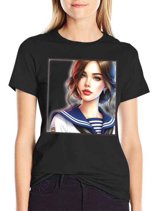 Anime Girl Sailor Outfit Black T-Shirt
