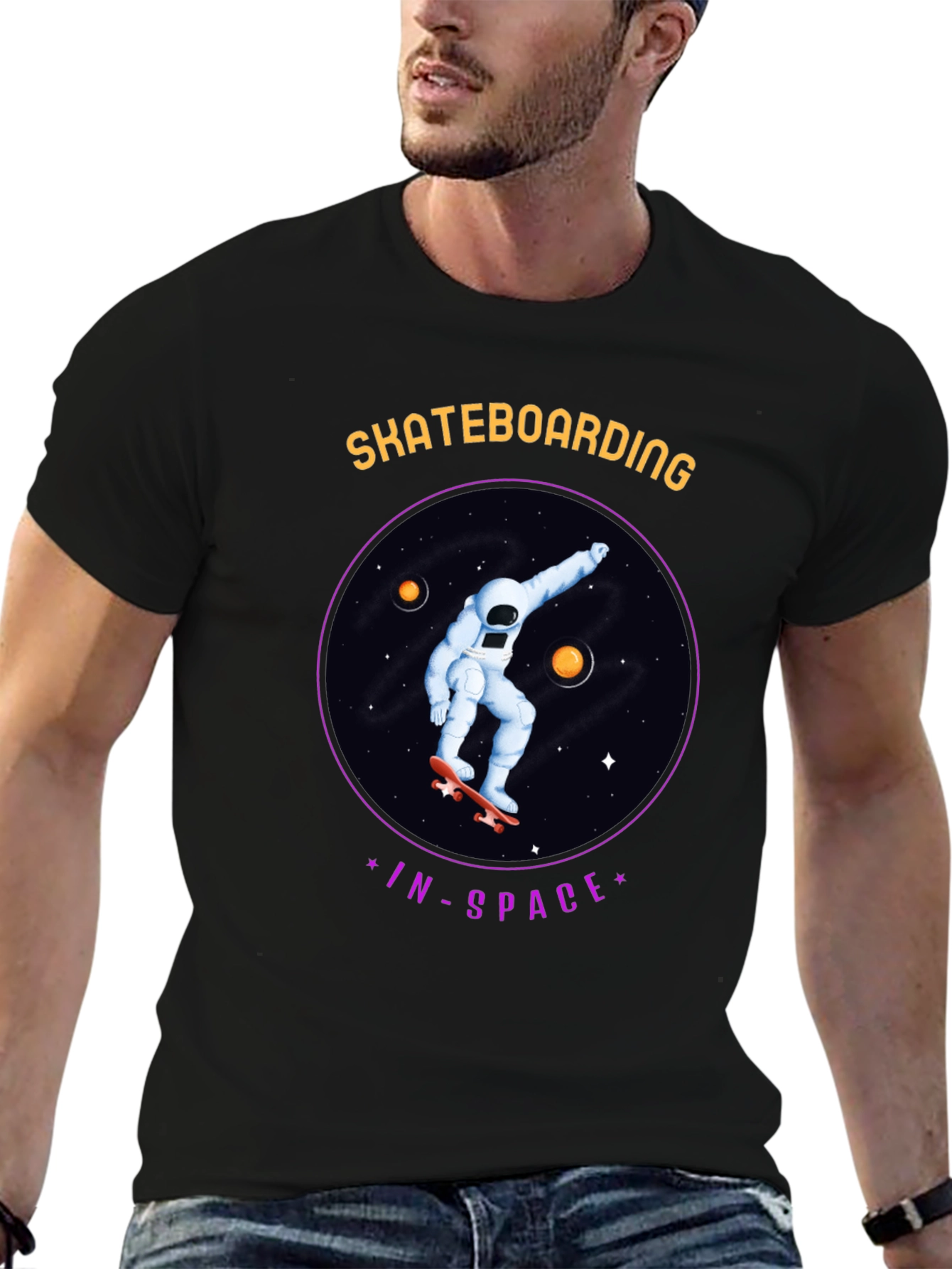 Skateboarding in Space Graphic Tee - Black Cotton