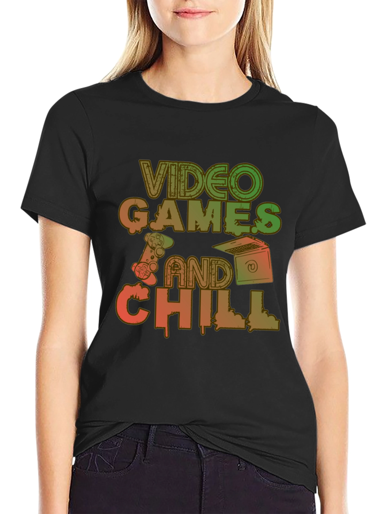 Video Games and Chill Black Graphic Tee