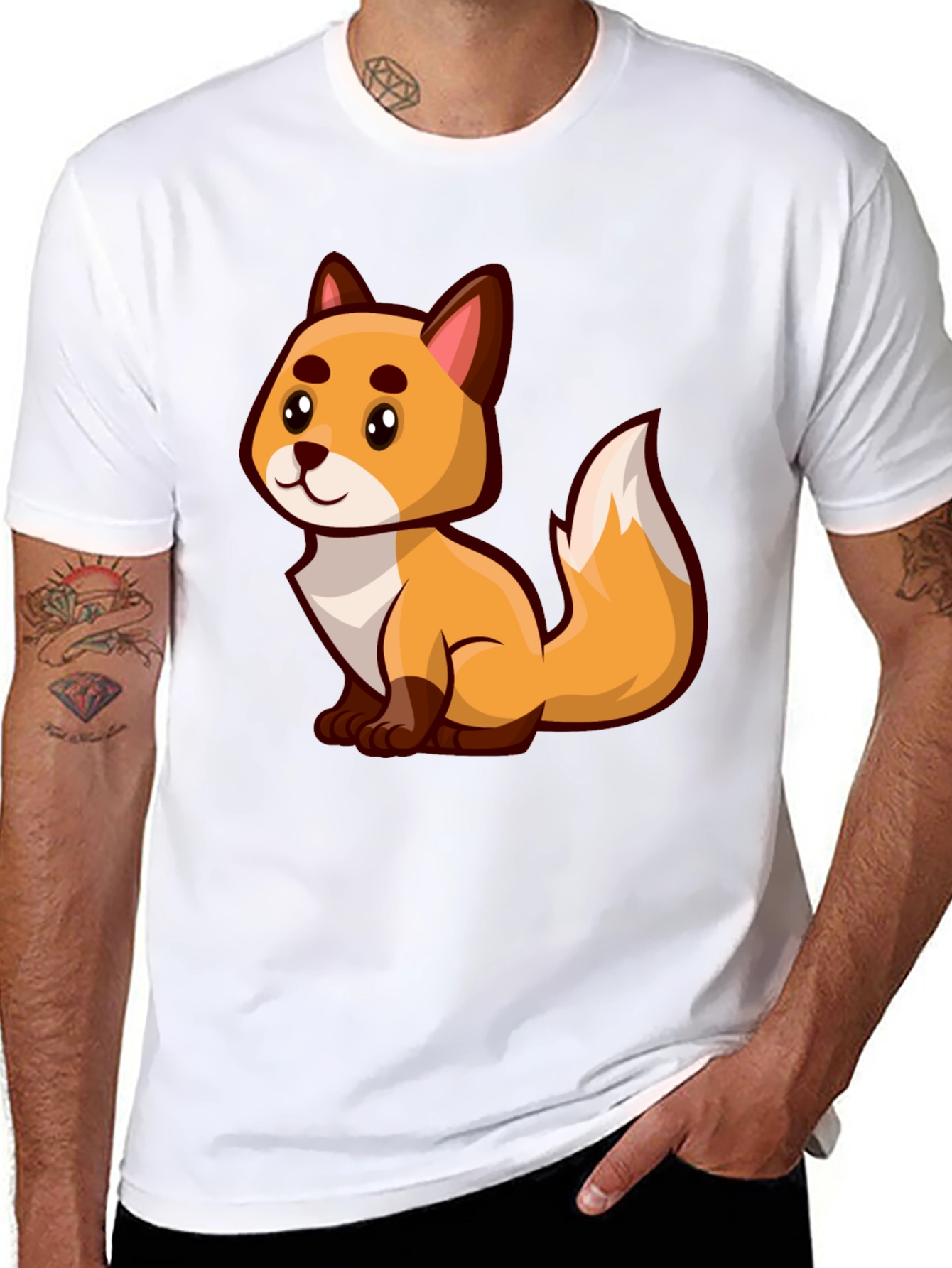 Cartoon Fox Graphic Tee - Black Crew Neck