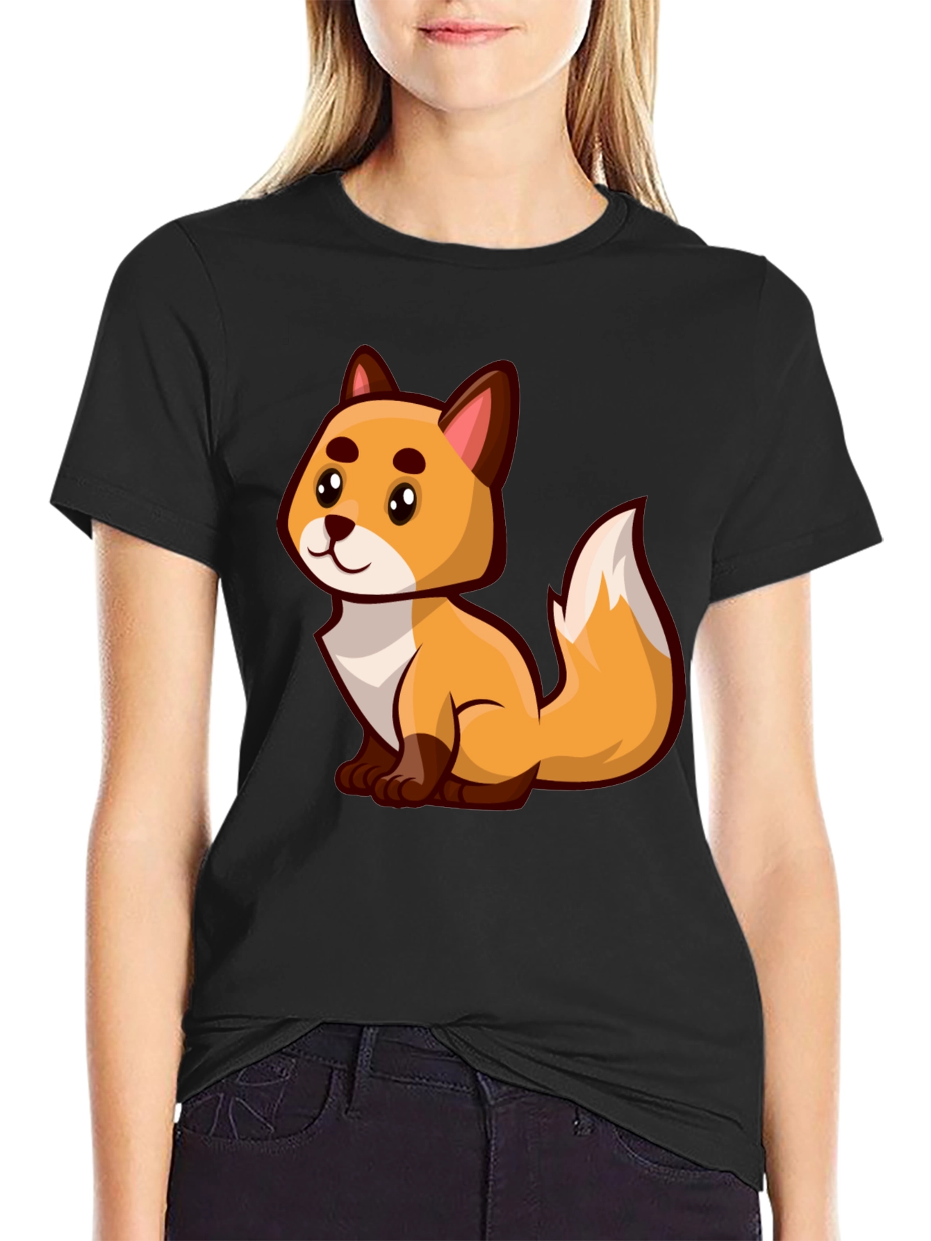 Cartoon Fox Graphic Tee - Black Crew Neck