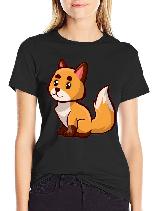 Cartoon Fox Graphic Tee - Black Crew Neck