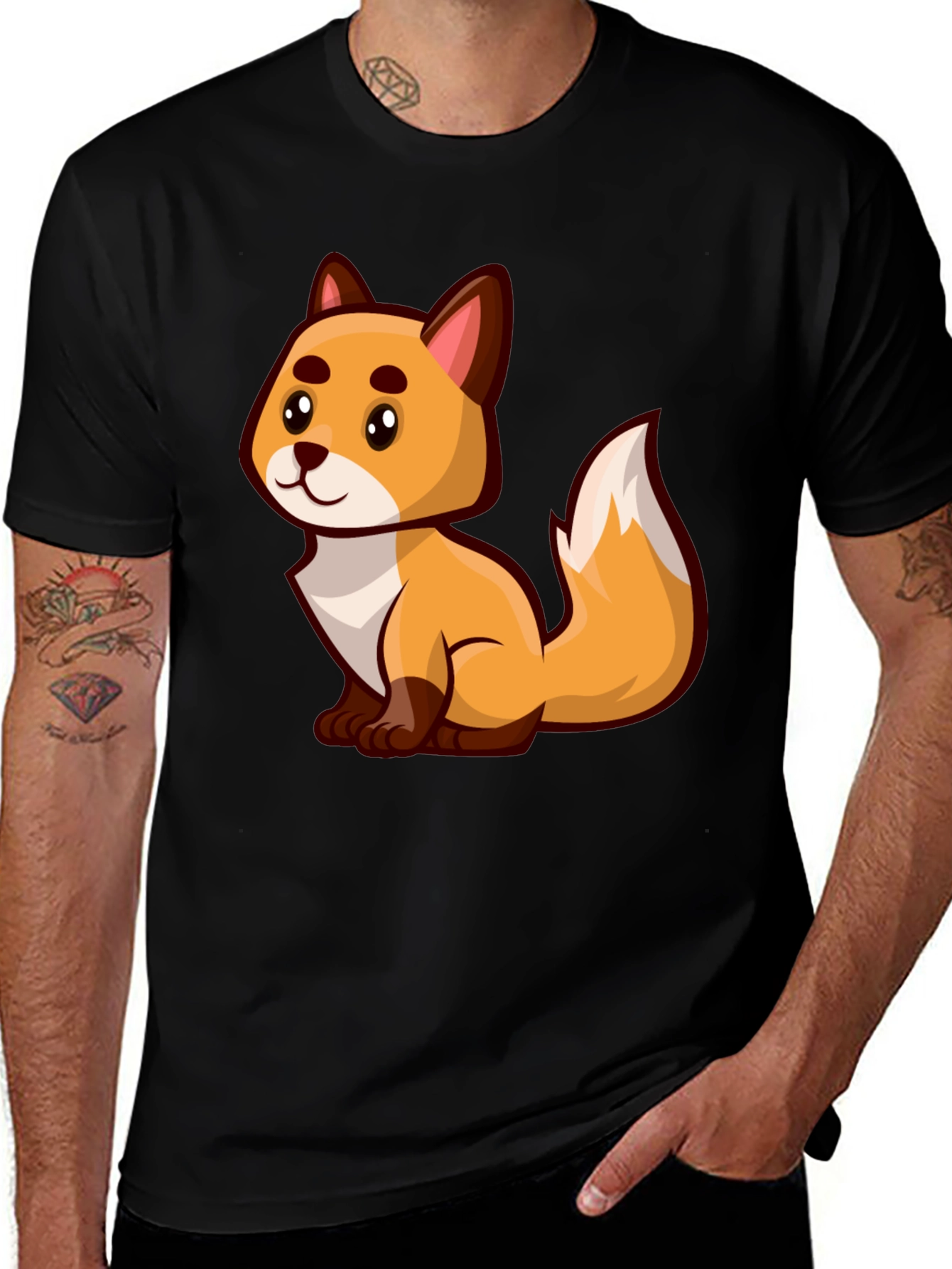 Cartoon Fox Graphic Tee - Black Crew Neck