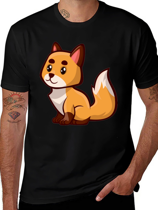 Cartoon Fox Graphic Tee - Black Crew Neck