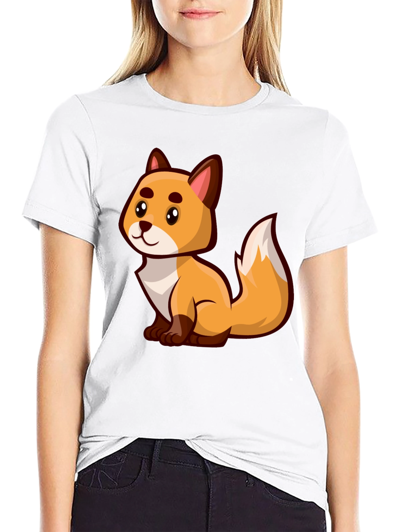 Cartoon Fox Graphic Tee - Black Crew Neck